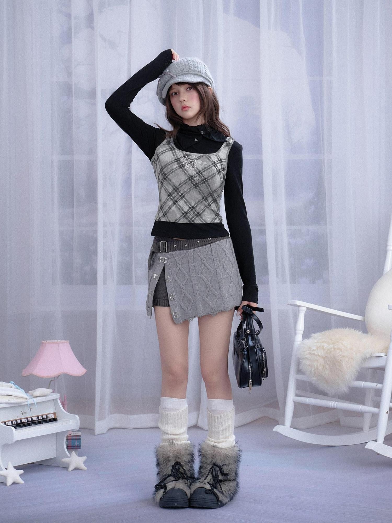 SagiDolls Gray Diamond Jacquard A Line Knit Women's Cotton Acrylic Blend Mini Skirts