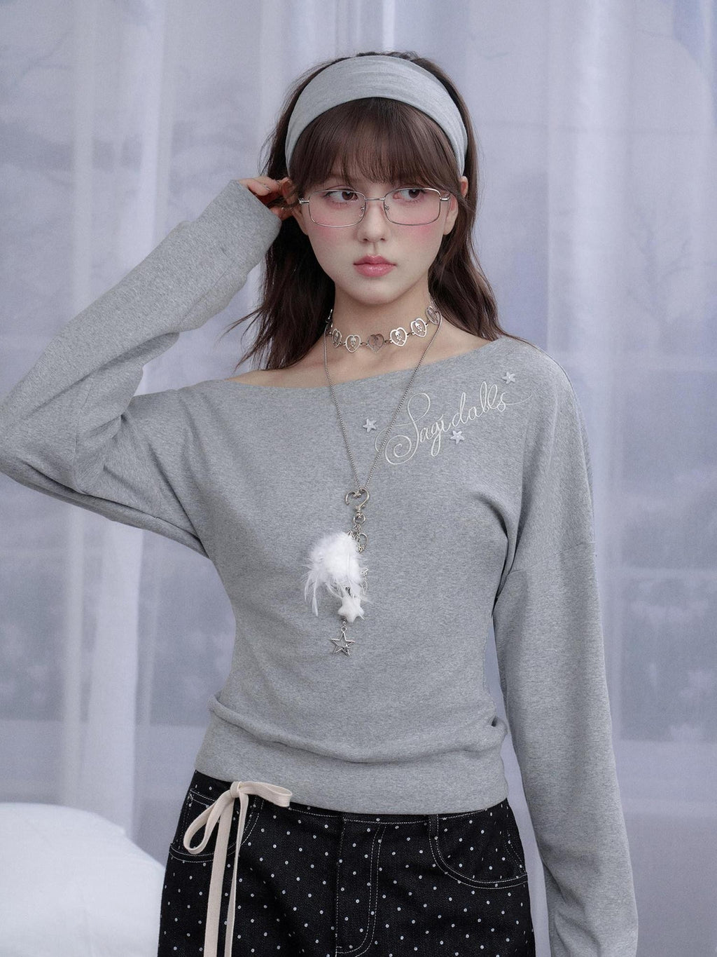 SagiDolls Gray Embroidered Slanted Women's Cotton Off-shoulder T-shirts