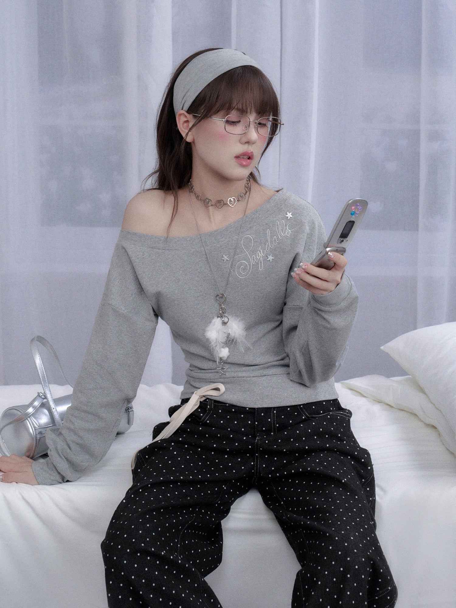 SagiDolls Gray Embroidered Slanted Women's Cotton Off-shoulder T-shirts