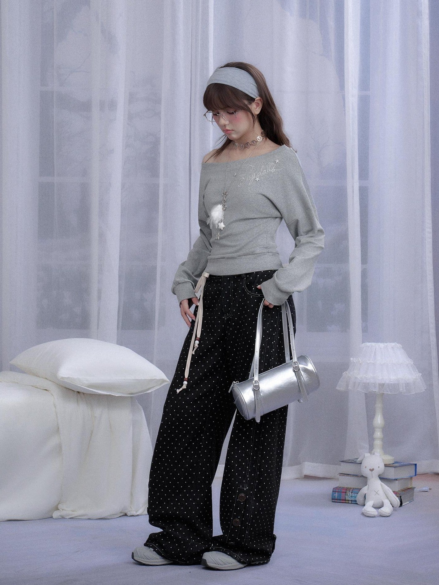SagiDolls Gray Embroidered Slanted Women's Cotton Off-shoulder T-shirts