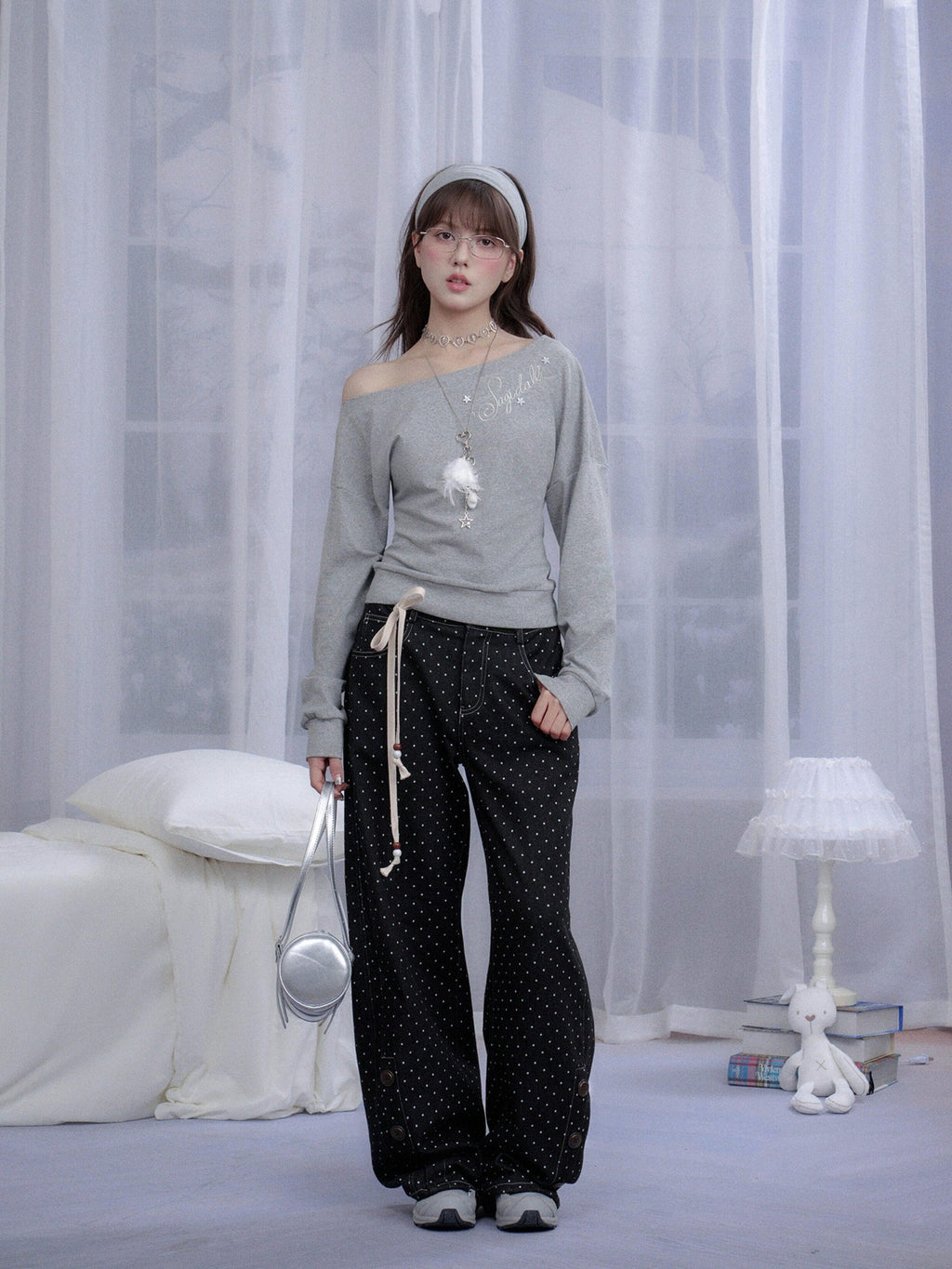 SagiDolls Gray Embroidered Slanted Women's Cotton Off-shoulder T-shirts