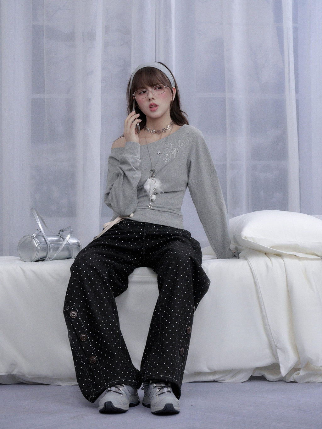 SagiDolls Gray Embroidered Slanted Women's Cotton Off-shoulder T-shirts