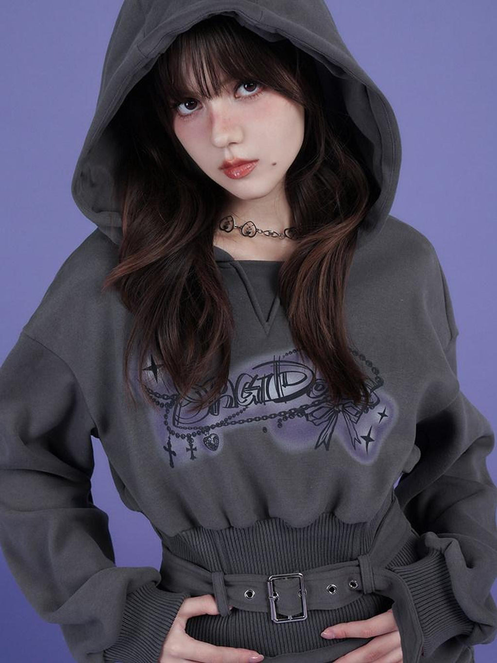 SagiDolls Gray Hooded Printed Fleece Cinched Waist Women's Cotton Knit Casual Mini Dresses
