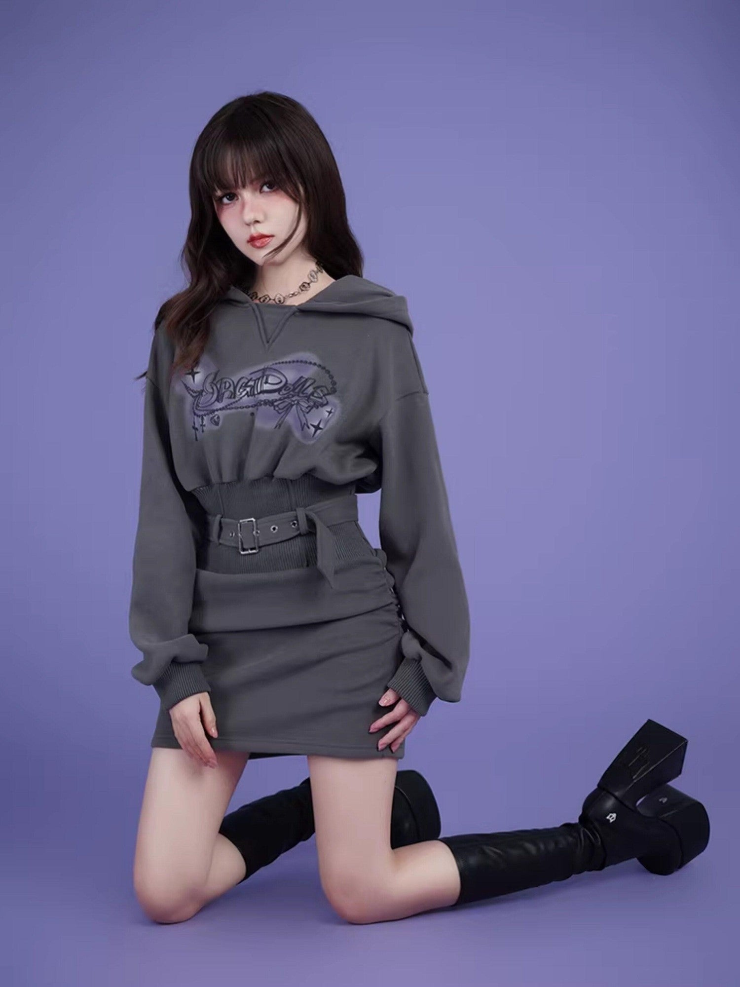 SagiDolls Gray Hooded Printed Fleece Cinched Waist Women's Cotton Knit Casual Mini Dresses