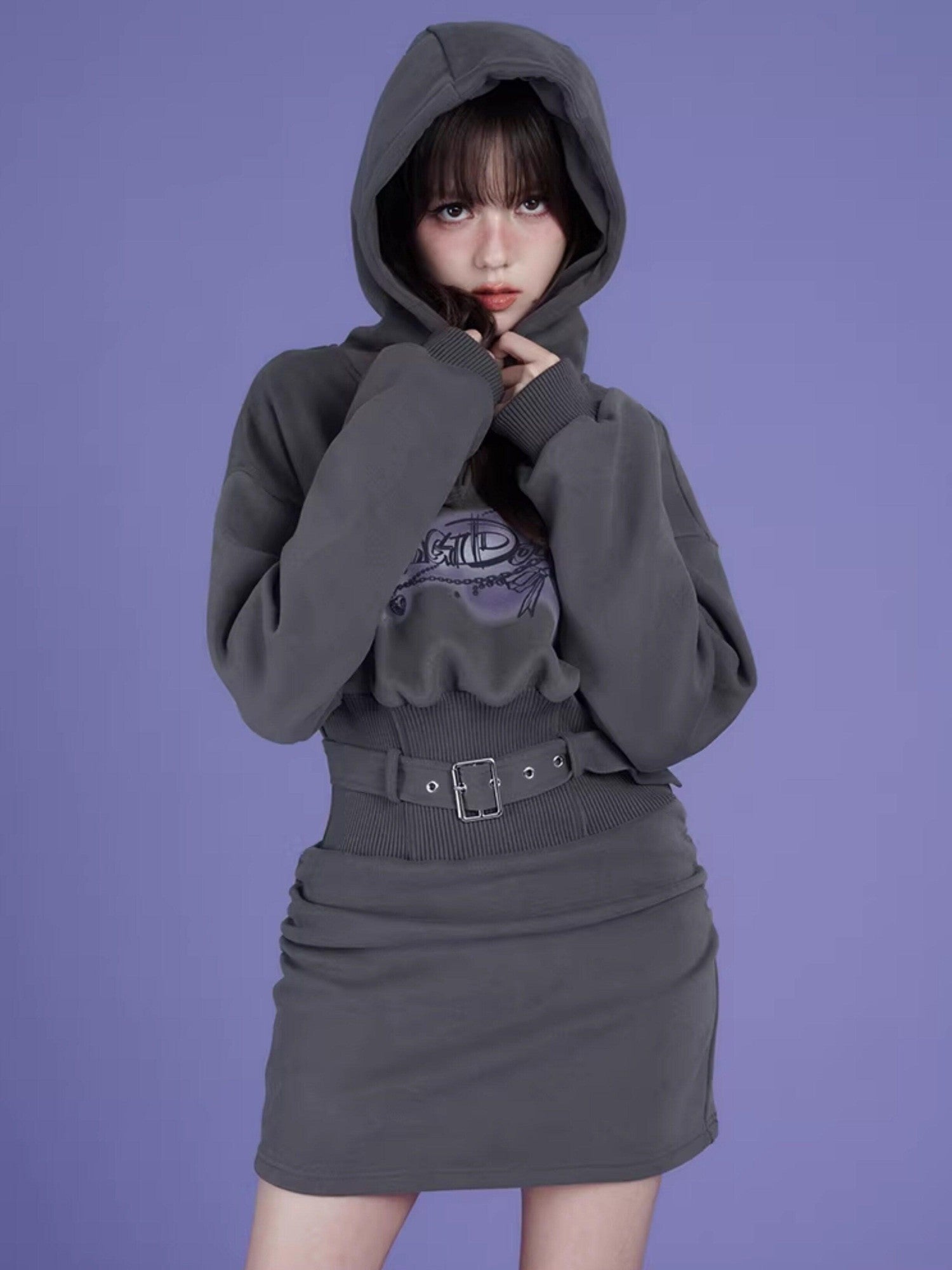 SagiDolls Gray Hooded Printed Fleece Cinched Waist Women's Cotton Knit Casual Mini Dresses