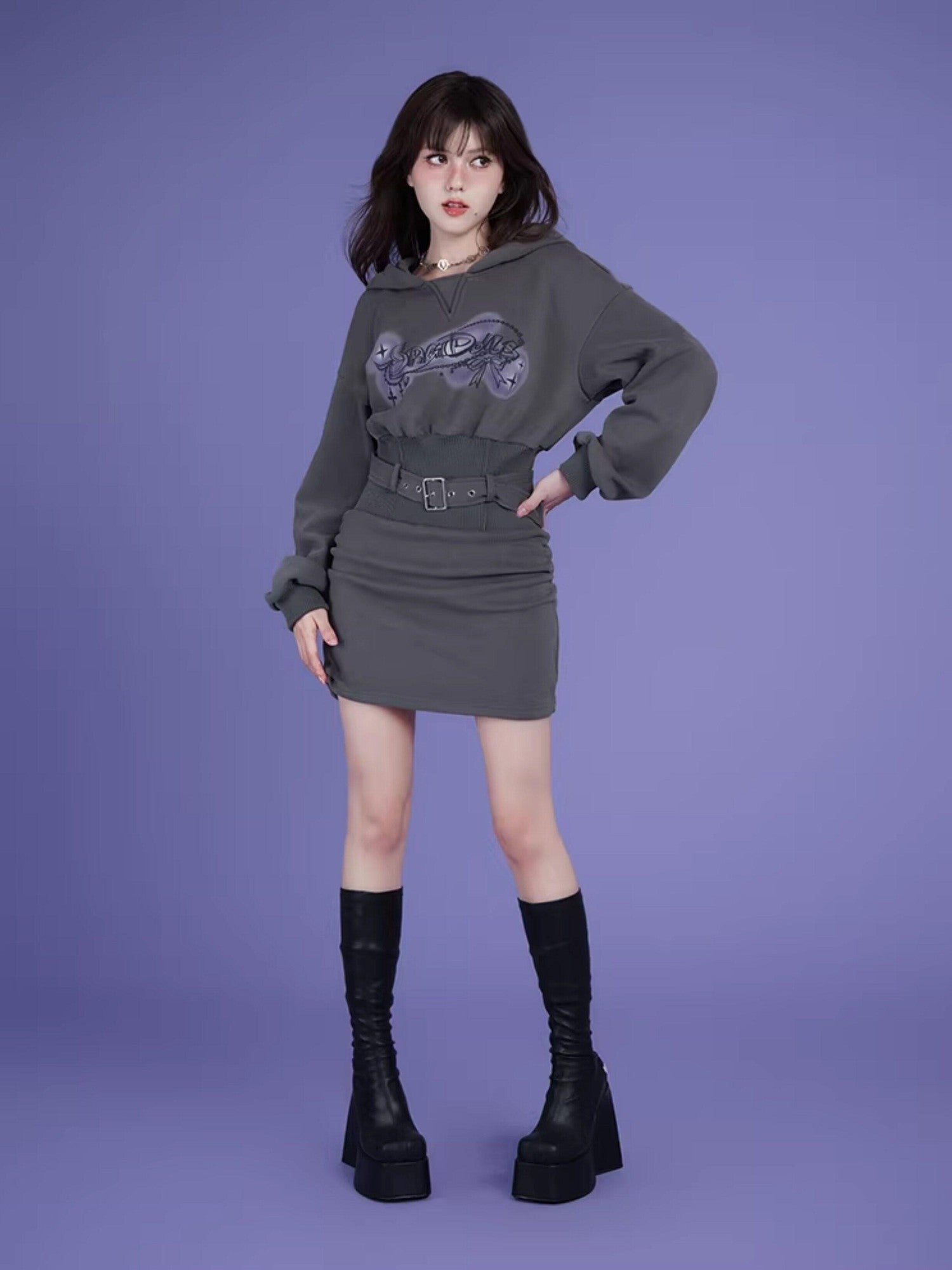 SagiDolls Gray Hooded Printed Fleece Cinched Waist Women's Cotton Knit Casual Mini Dresses