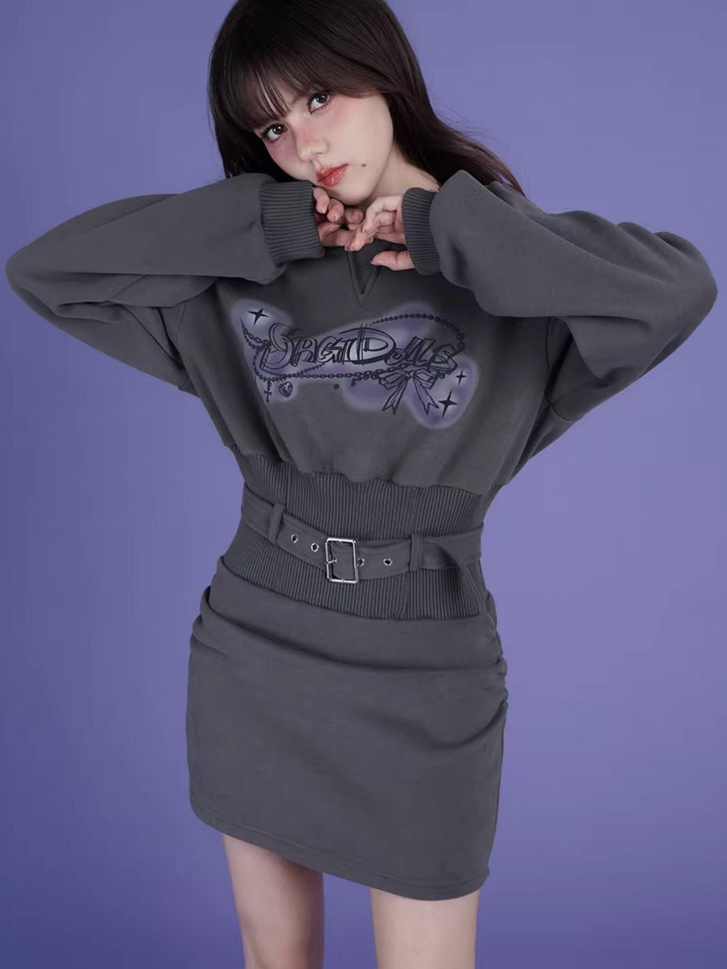 SagiDolls Gray Hooded Printed Fleece Cinched Waist Women's Cotton Knit Casual Mini Dresses
