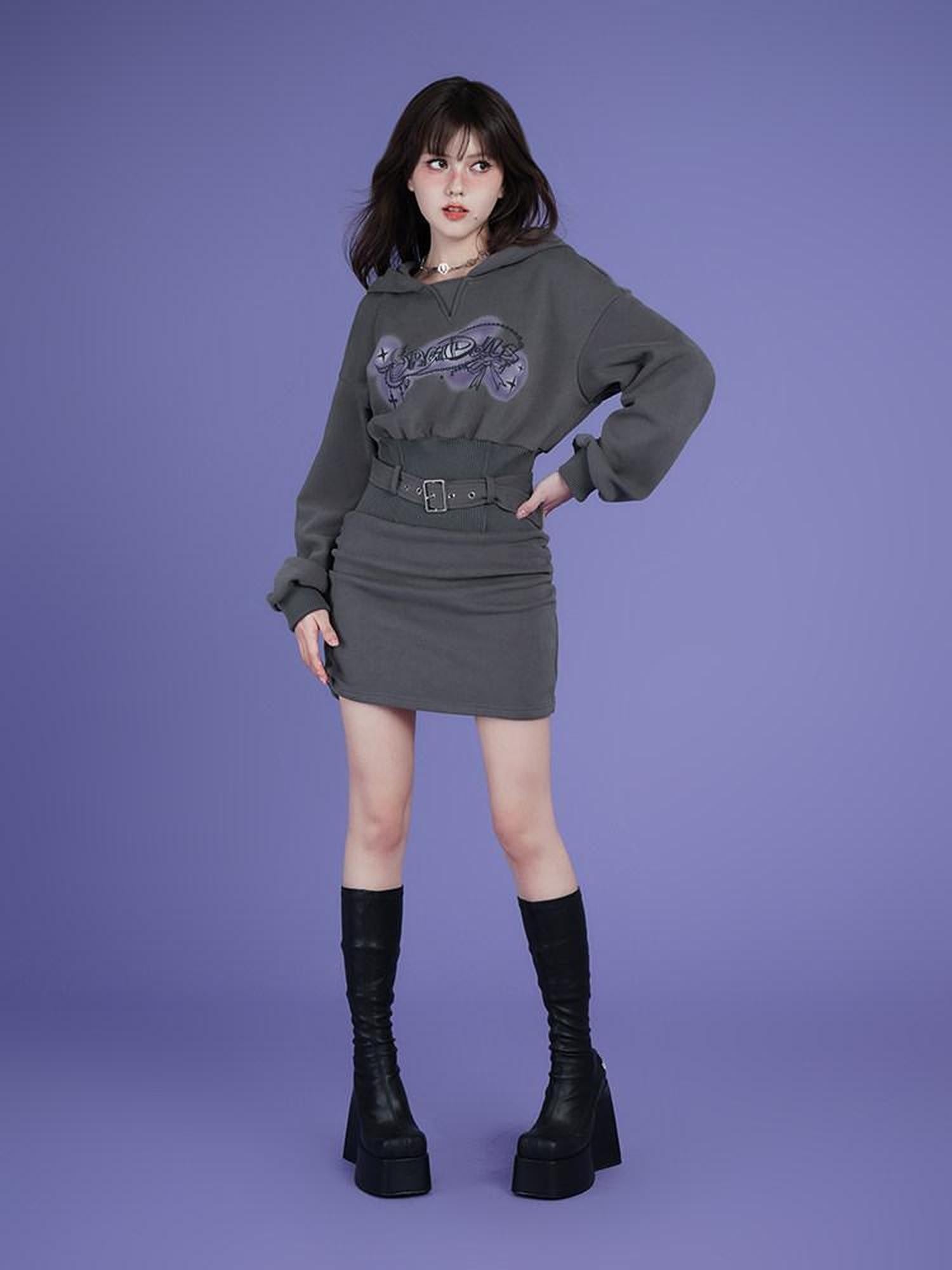 SagiDolls Gray Hooded Printed Fleece Cinched Waist Women's Cotton Knit Casual Mini Dresses