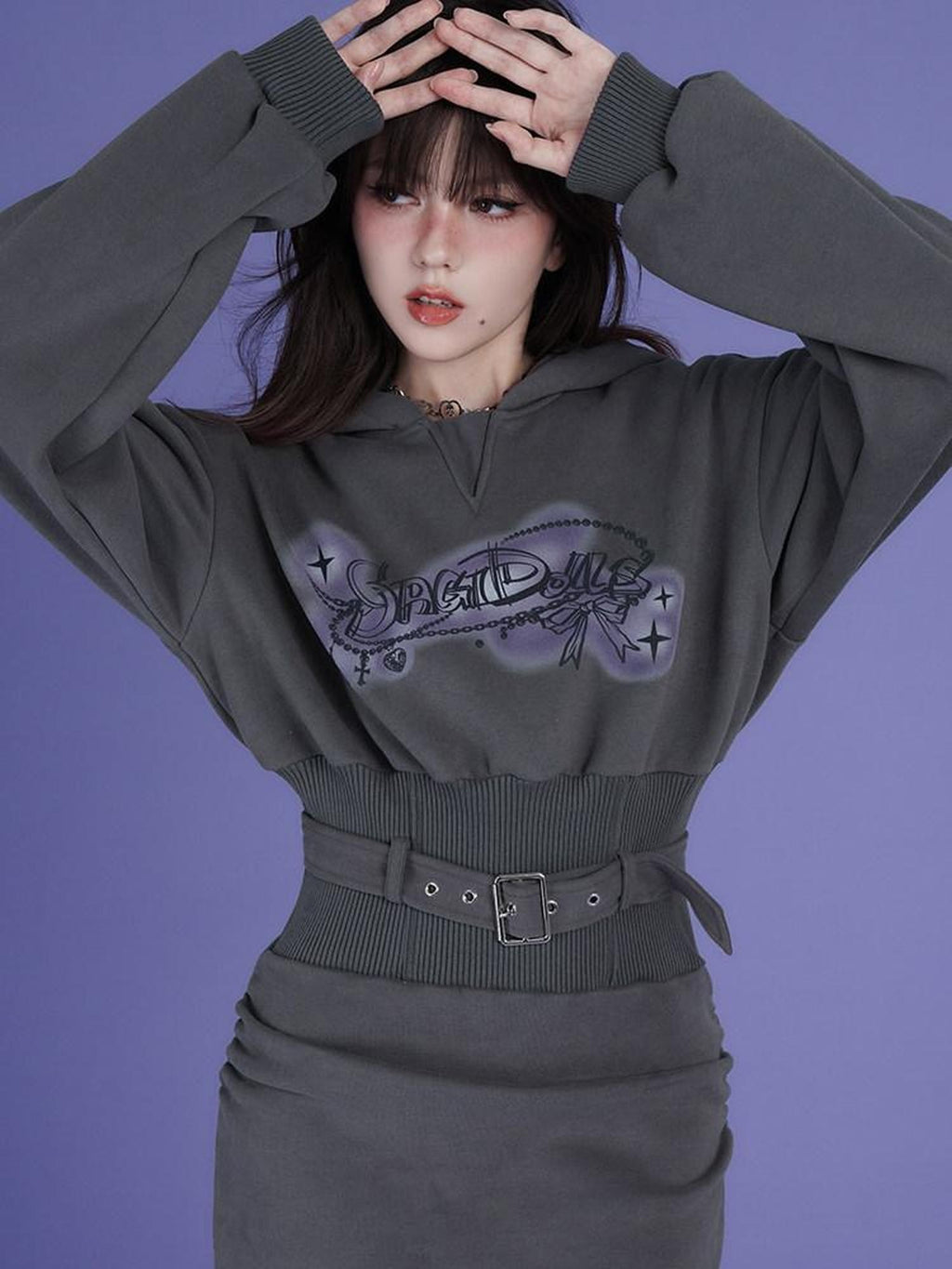 SagiDolls Gray Hooded Printed Fleece Cinched Waist Women's Cotton Knit Casual Mini Dresses