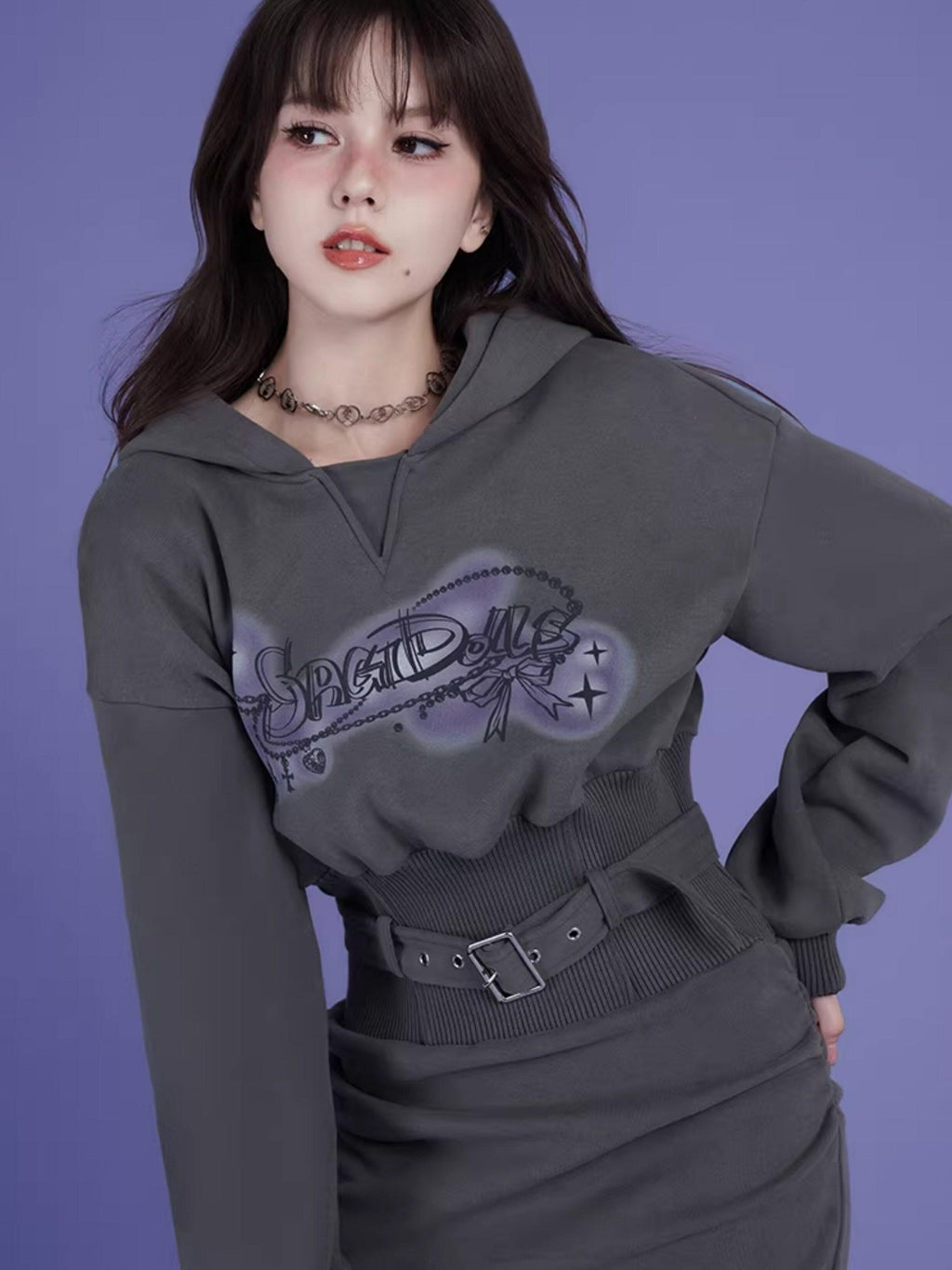 SagiDolls Gray Hooded Printed Fleece Cinched Waist Women's Cotton Knit Casual Mini Dresses