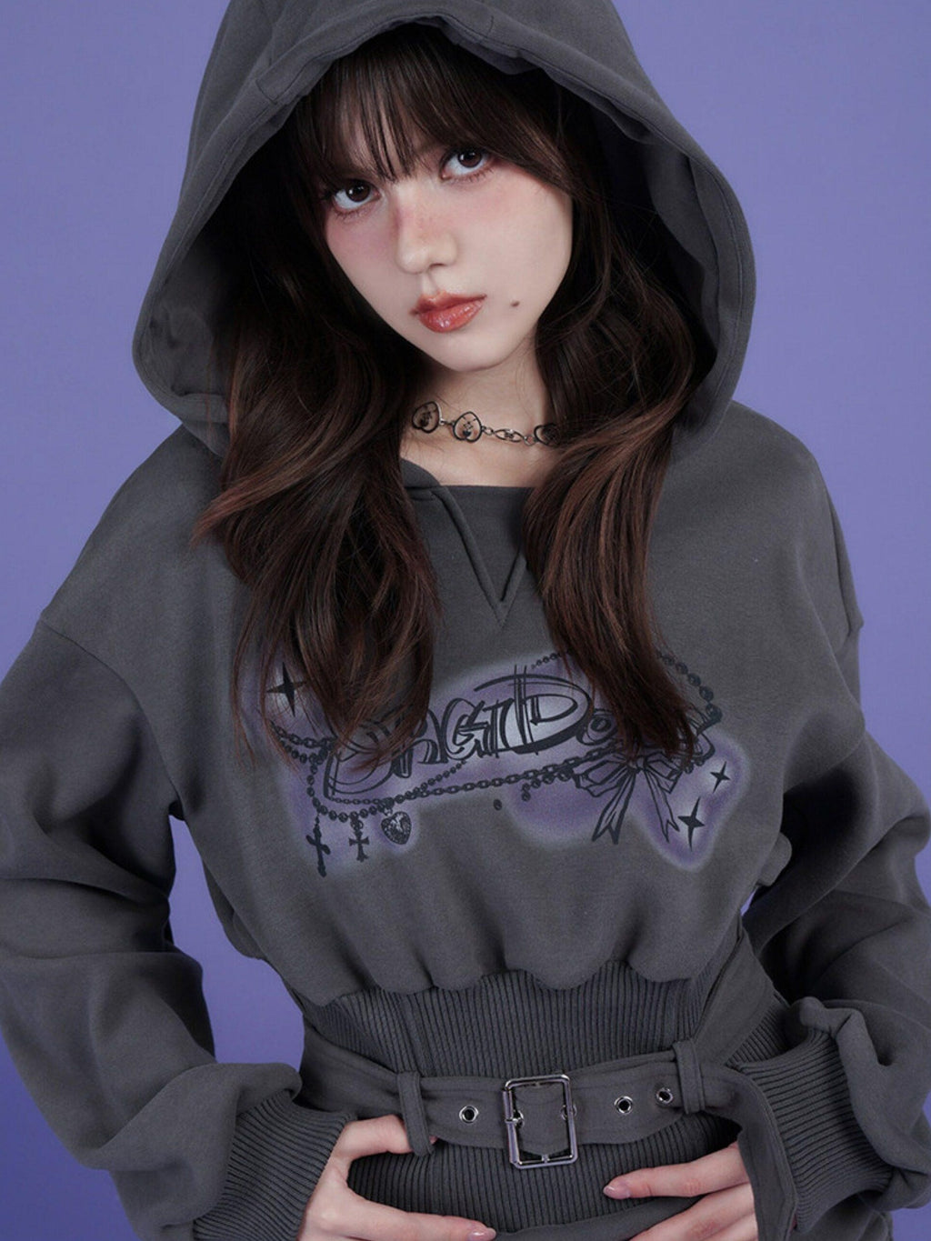 SagiDolls Gray Hooded Printed Fleece Cinched Waist Women's Cotton Knit Casual Mini Dresses