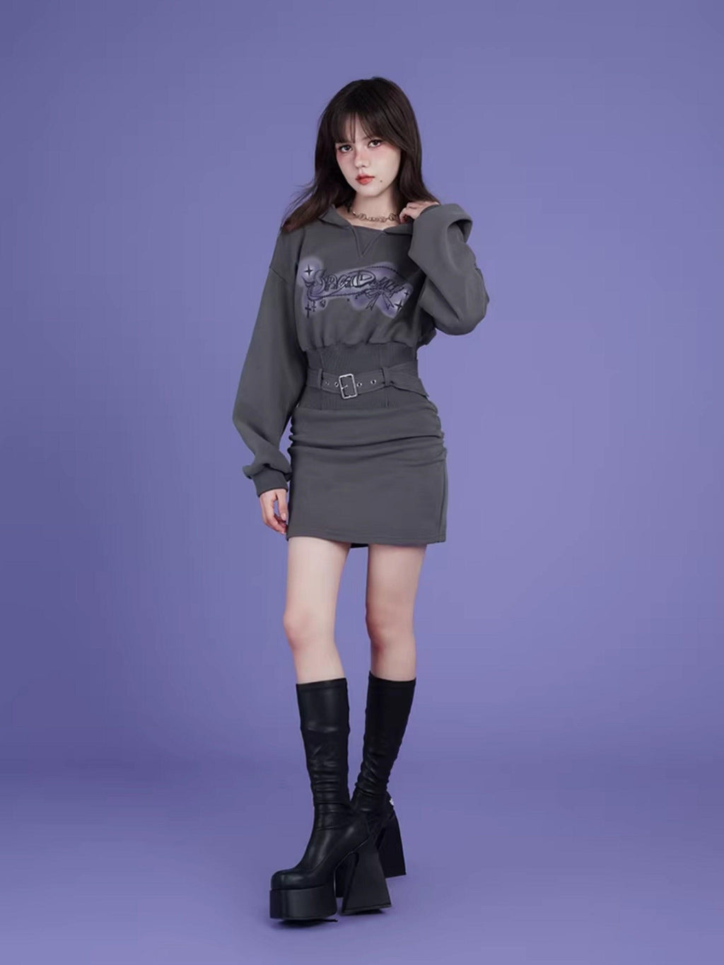 SagiDolls Gray Hooded Printed Fleece Cinched Waist Women's Cotton Knit Casual Mini Dresses