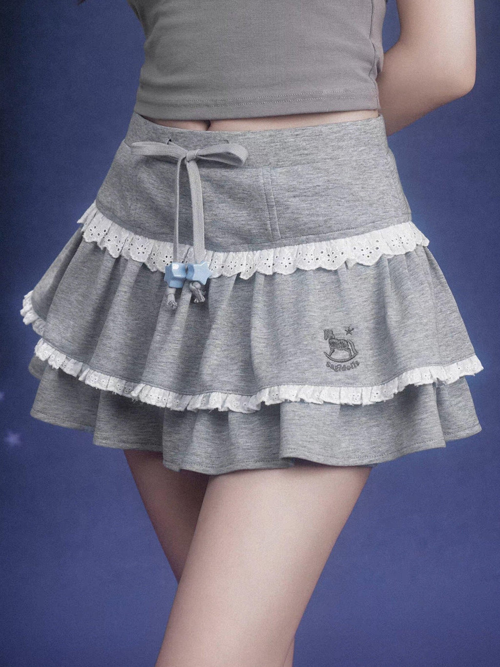 SagiDolls Gray Lace Trim Horse Embroidery Women's Cotton Blend Tiered Skirts