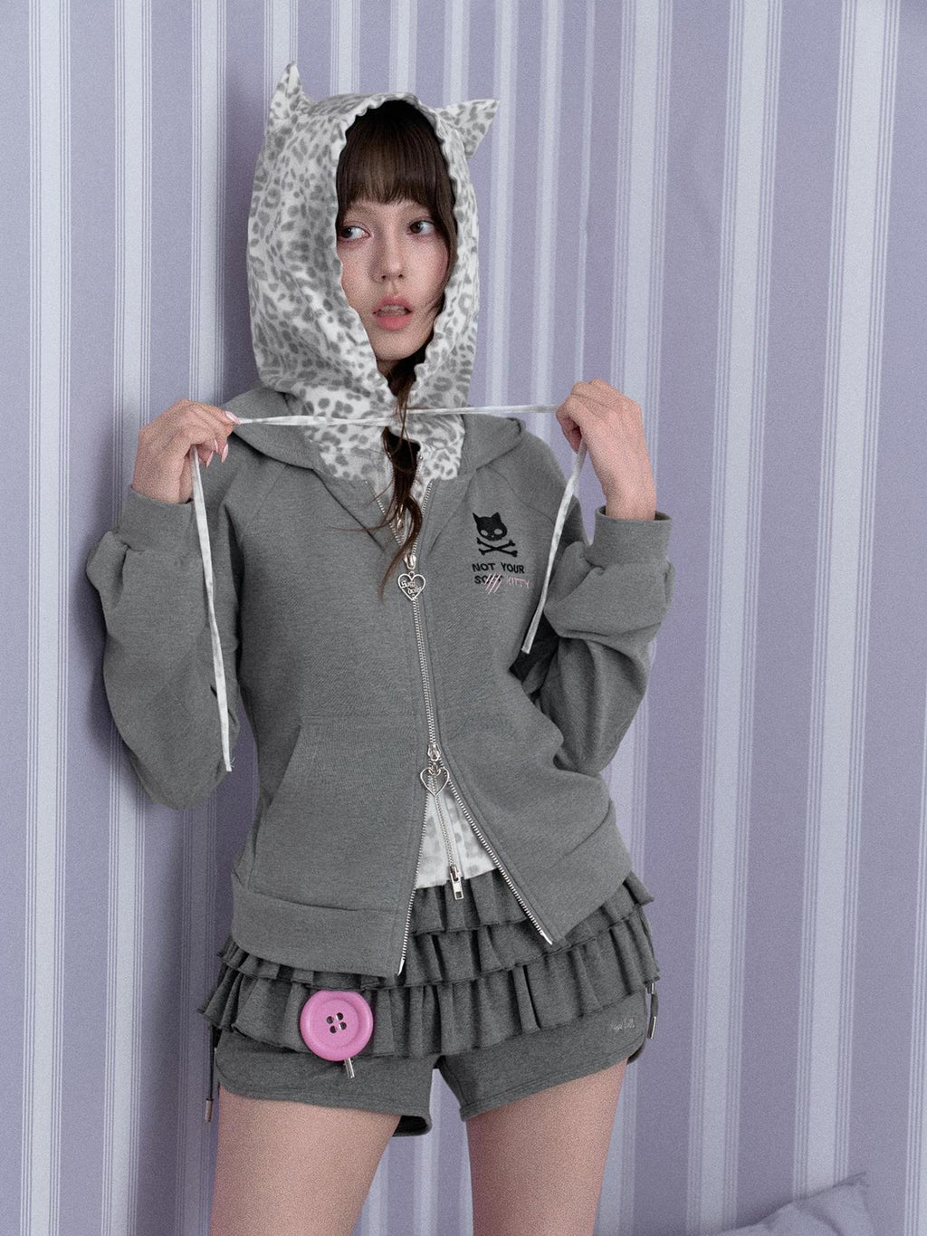 SagiDolls Gray Leopard Print Embroidered Cinched Waist Layered Look Women's Cotton Zip-up Hoodies