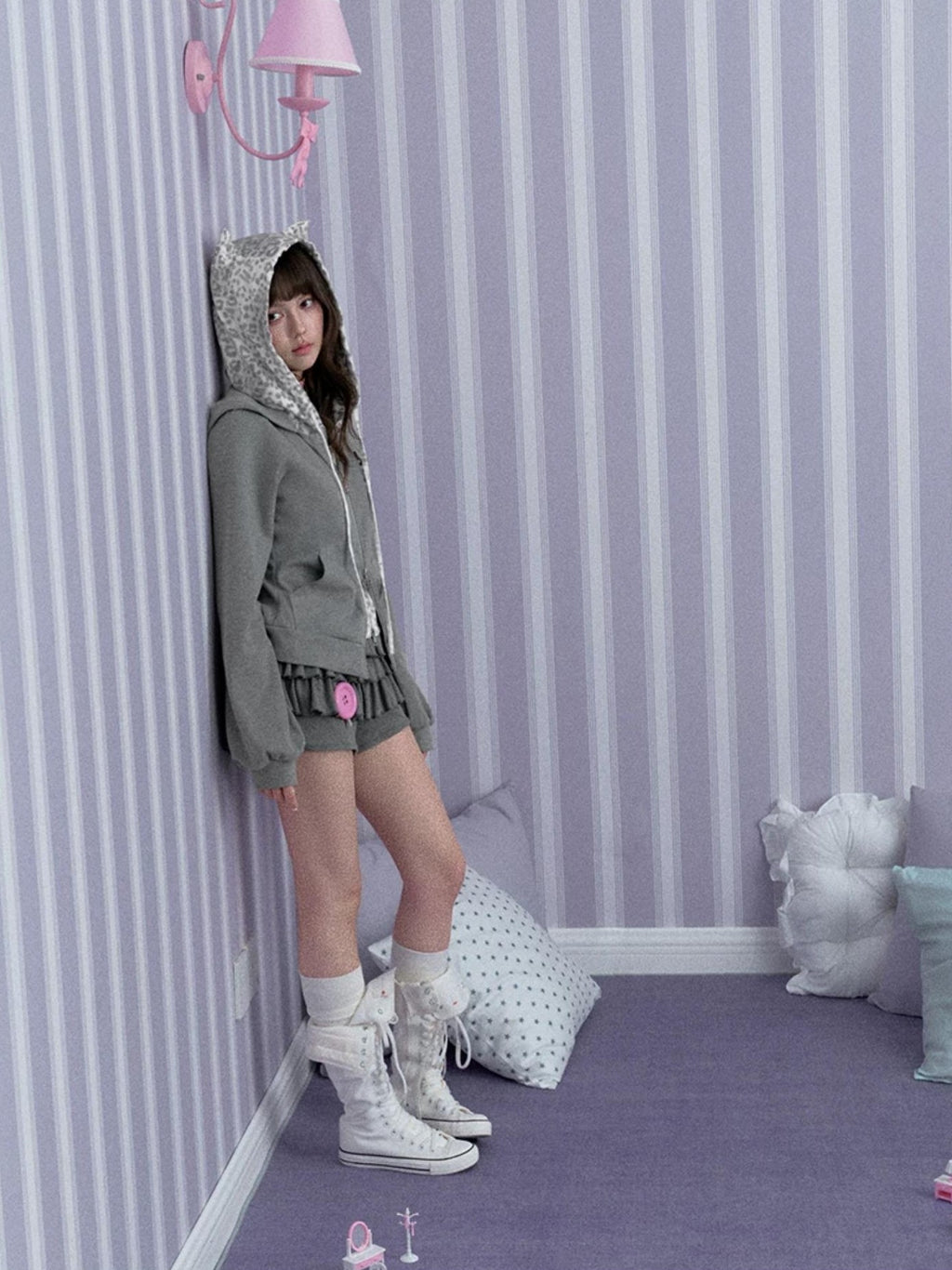 SagiDolls Gray Leopard Print Embroidered Cinched Waist Layered Look Women's Cotton Zip-up Hoodies