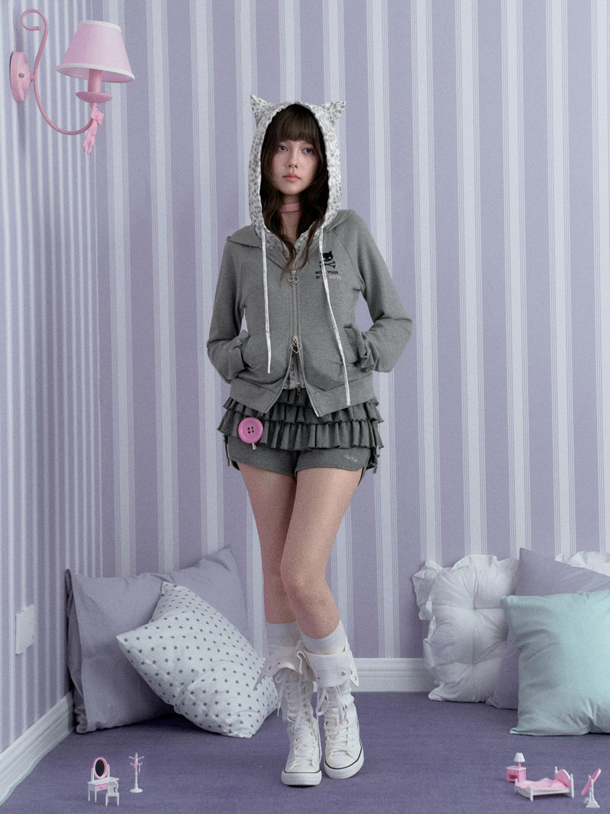 SagiDolls Gray Leopard Print Embroidered Cinched Waist Layered Look Women's Cotton Zip-up Hoodies
