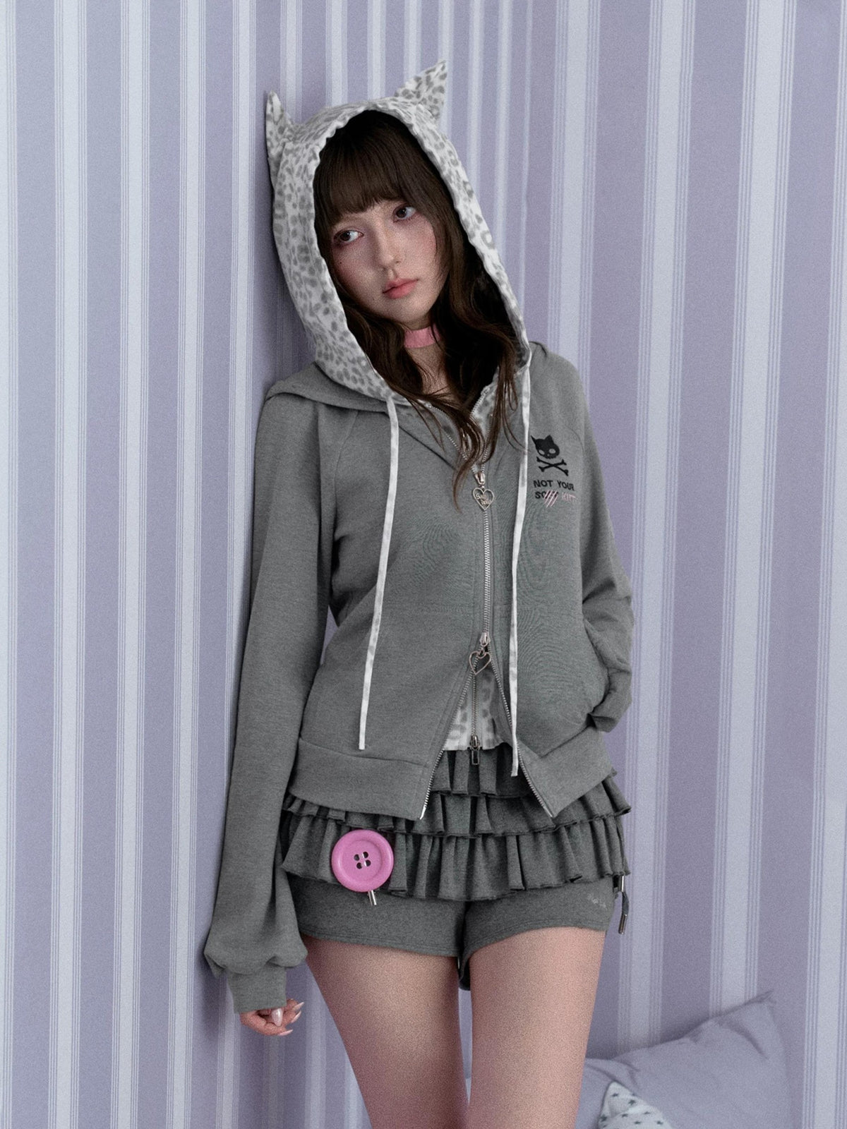 SagiDolls Gray Leopard Print Embroidered Cinched Waist Layered Look Women's Cotton Zip-up Hoodies