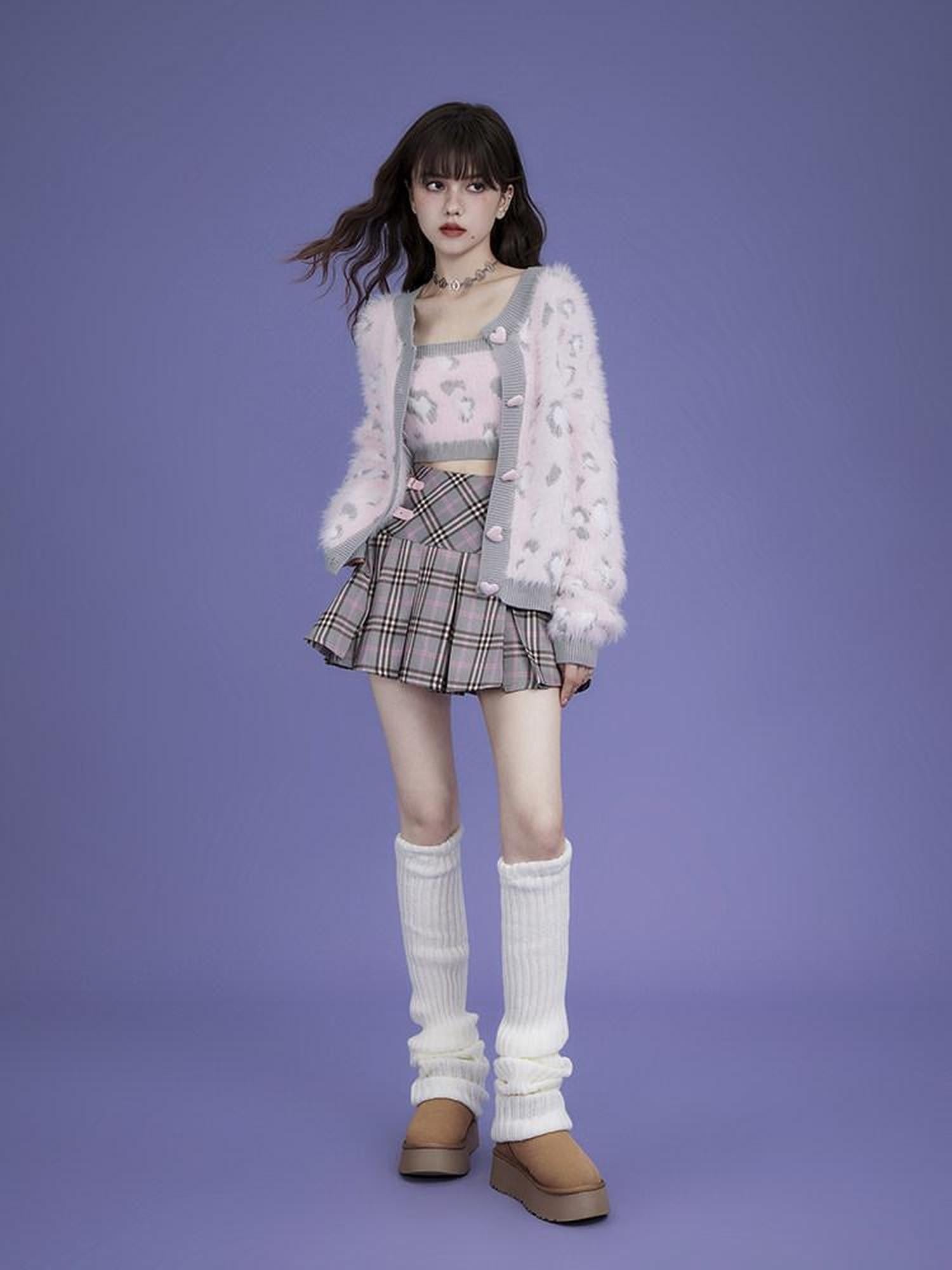 SagiDolls Gray Pink Plaid Star Leather Buckle High Waist Women's Polyester Pleated Skirts