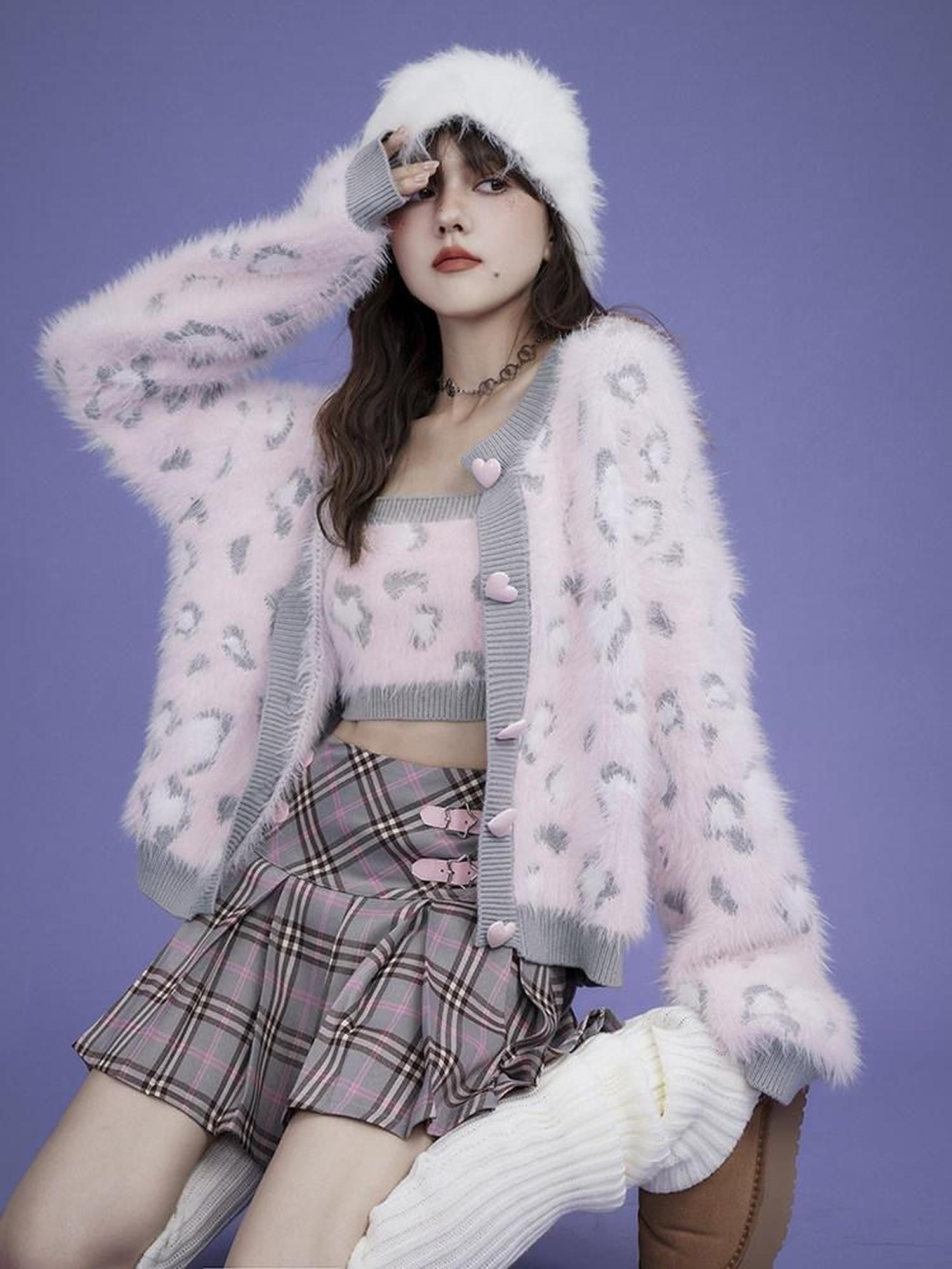 SagiDolls Gray Pink Plaid Star Leather Buckle High Waist Women's Polyester Pleated Skirts
