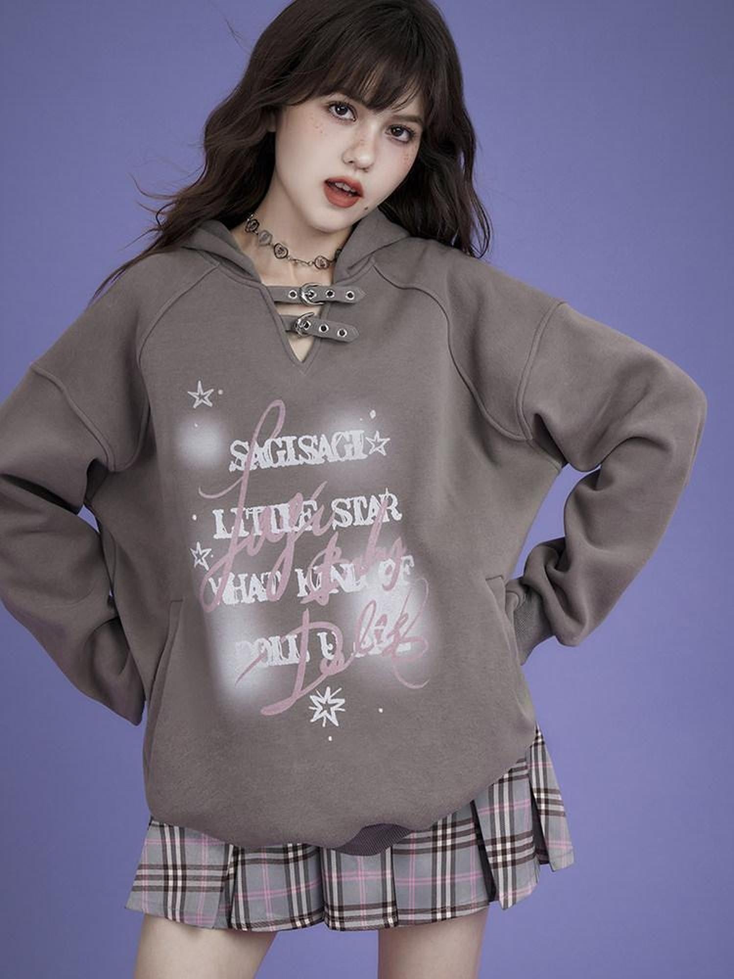 SagiDolls Gray Pink Plaid Star Leather Buckle High Waist Women's Polyester Pleated Skirts