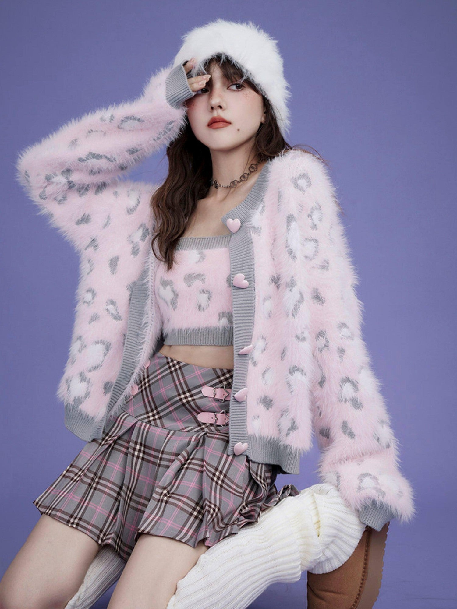 SagiDolls Gray Pink Plaid Star Leather Buckle High Waist Women's Polyester Pleated Skirts