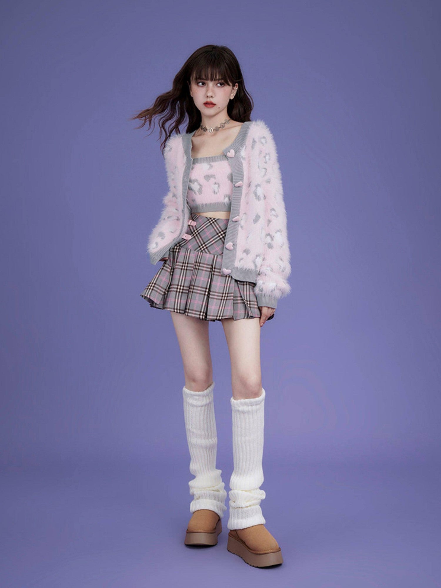 SagiDolls Gray Pink Plaid Star Leather Buckle High Waist Women's Polyester Pleated Skirts