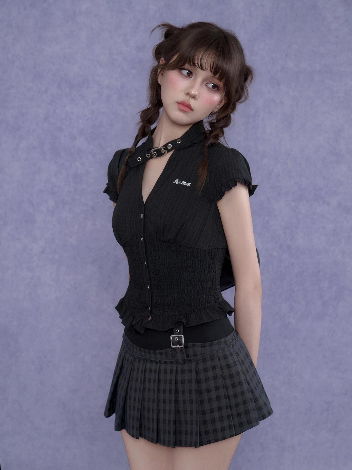 SagiDolls Gray Plaid Asymmetric Skort Lined Sidezip Women's Polyester Pleated Skirts