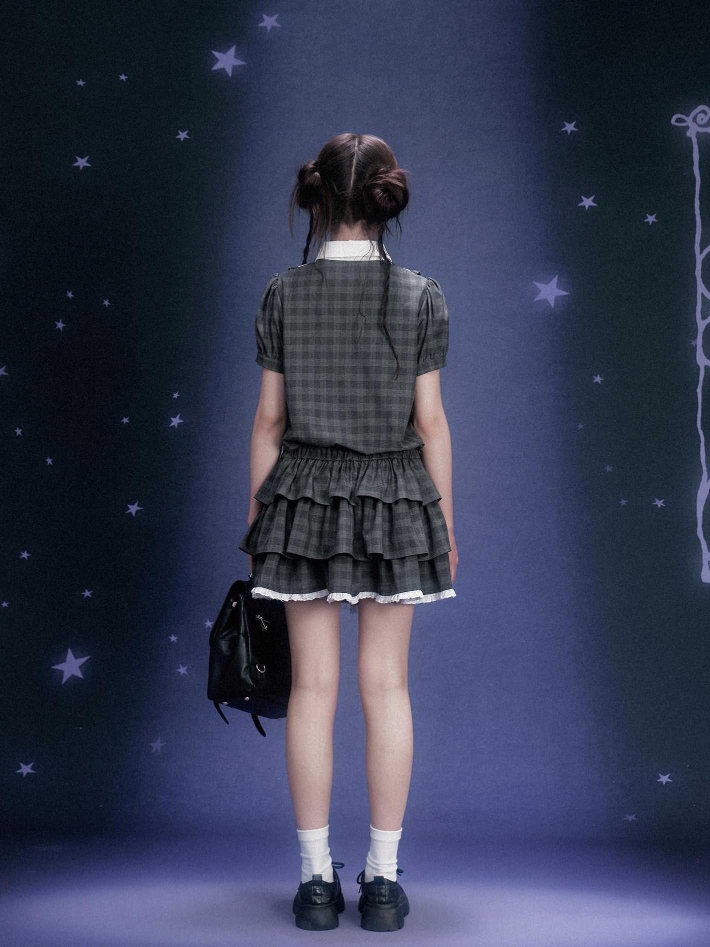 SagiDolls Gray Plaid Embroidered Puff Sleeve Square Neck Women's Casual Mini Dresses