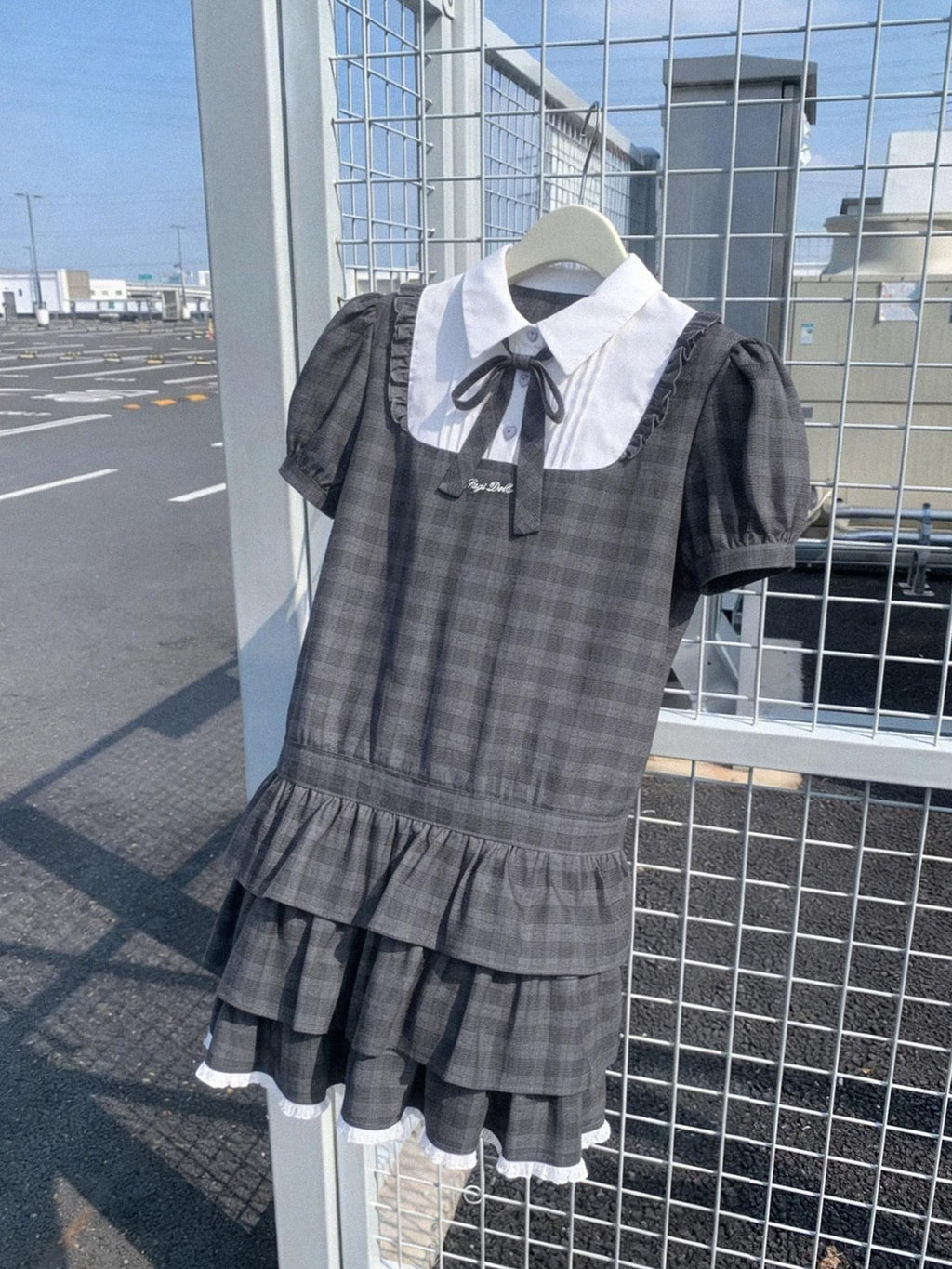 SagiDolls Gray Plaid Embroidered Puff Sleeve Square Neck Women's Casual Mini Dresses