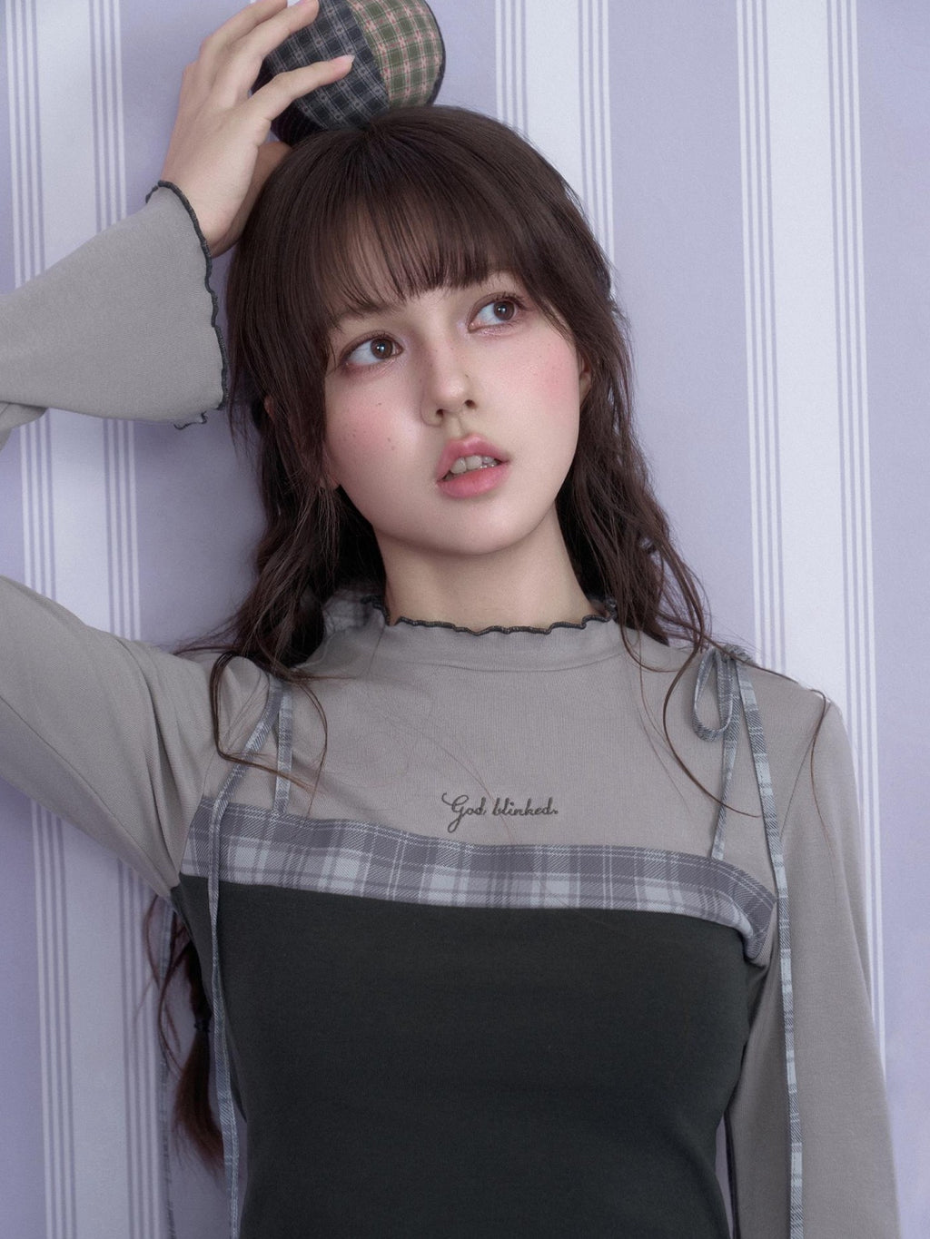 SagiDolls Gray Plaid Embroidered Two Piece Look Flare Sleeve Women's Cotton Slim Fit Long Sleeve T-shirts