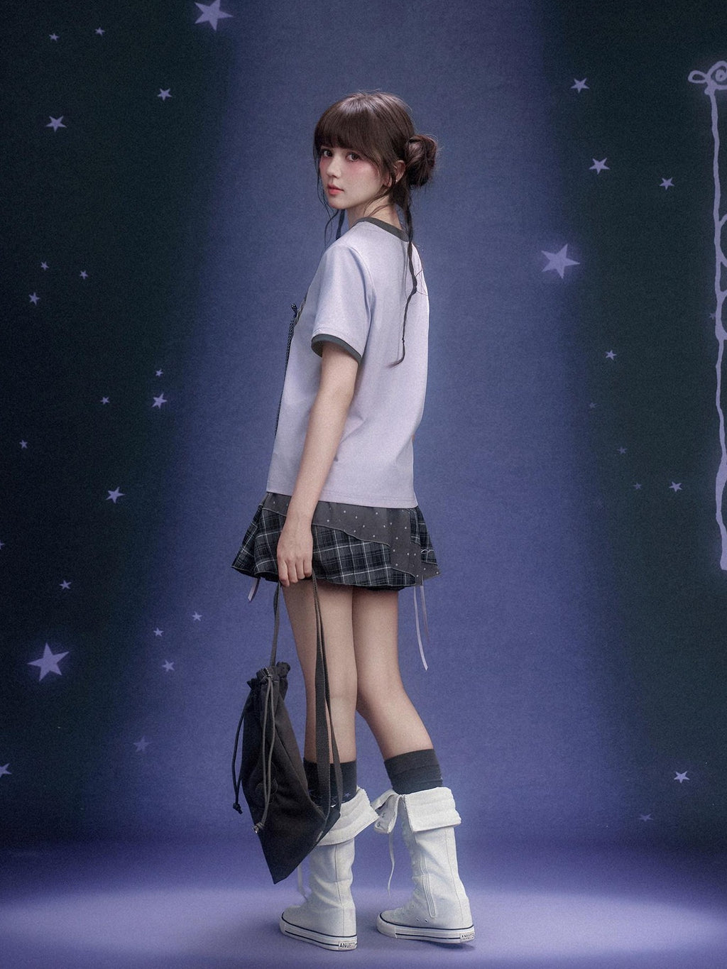 SagiDolls Gray Plaid Patchwork Polka Dot Bow A Line Women's Polyester Blend Mini Skirts