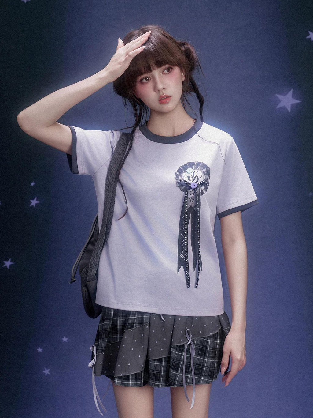 SagiDolls Gray Plaid Patchwork Polka Dot Bow A Line Women's Polyester Blend Mini Skirts