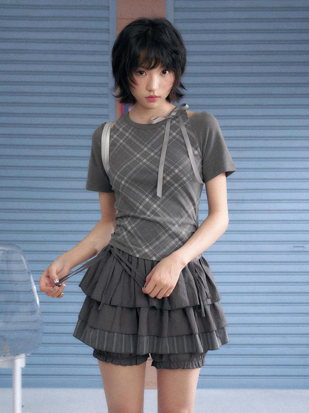 SagiDolls Gray Plaid Shoulder Cutout Embroidered Women's Cotton Short Sleeve T-shirts