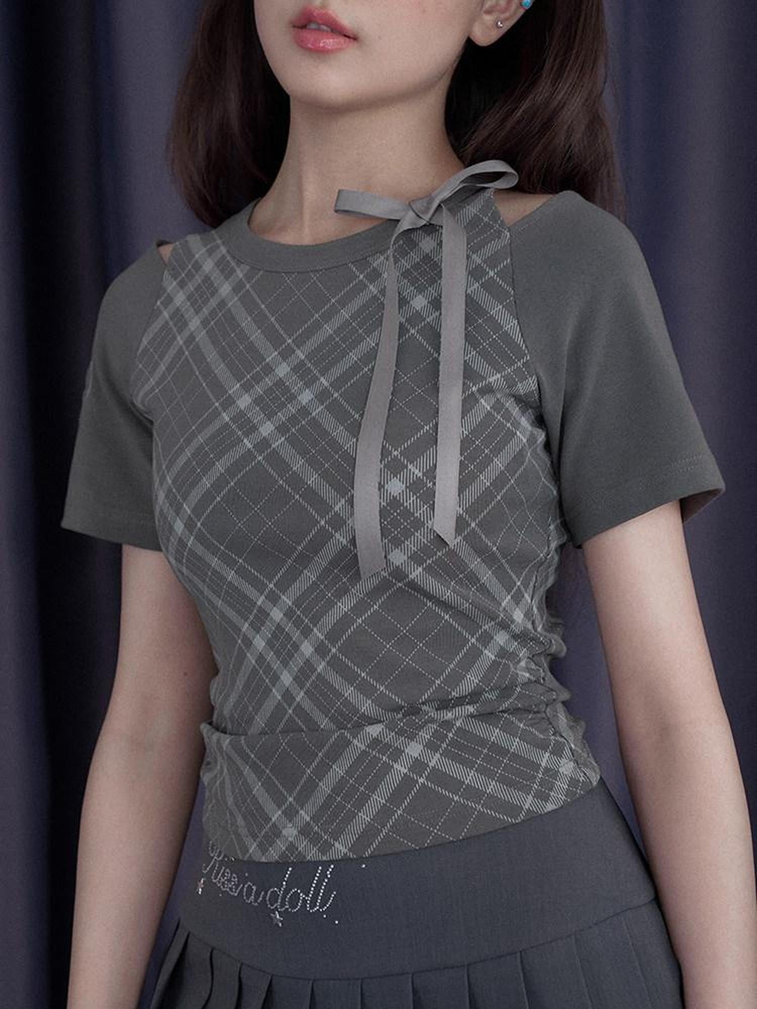 SagiDolls Gray Plaid Shoulder Cutout Embroidered Women's Cotton Short Sleeve T-shirts