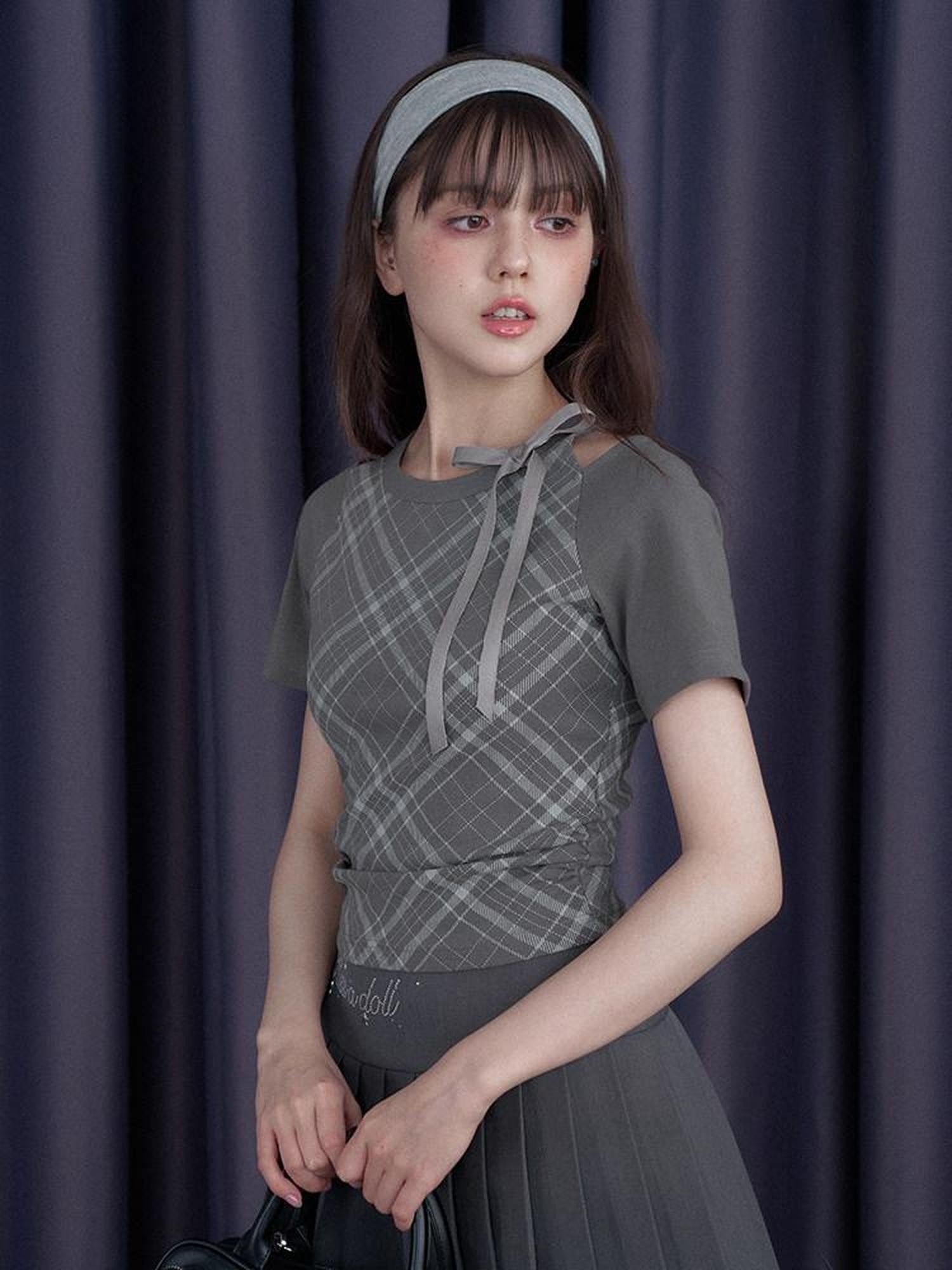 SagiDolls Gray Plaid Shoulder Cutout Embroidered Women's Cotton Short Sleeve T-shirts