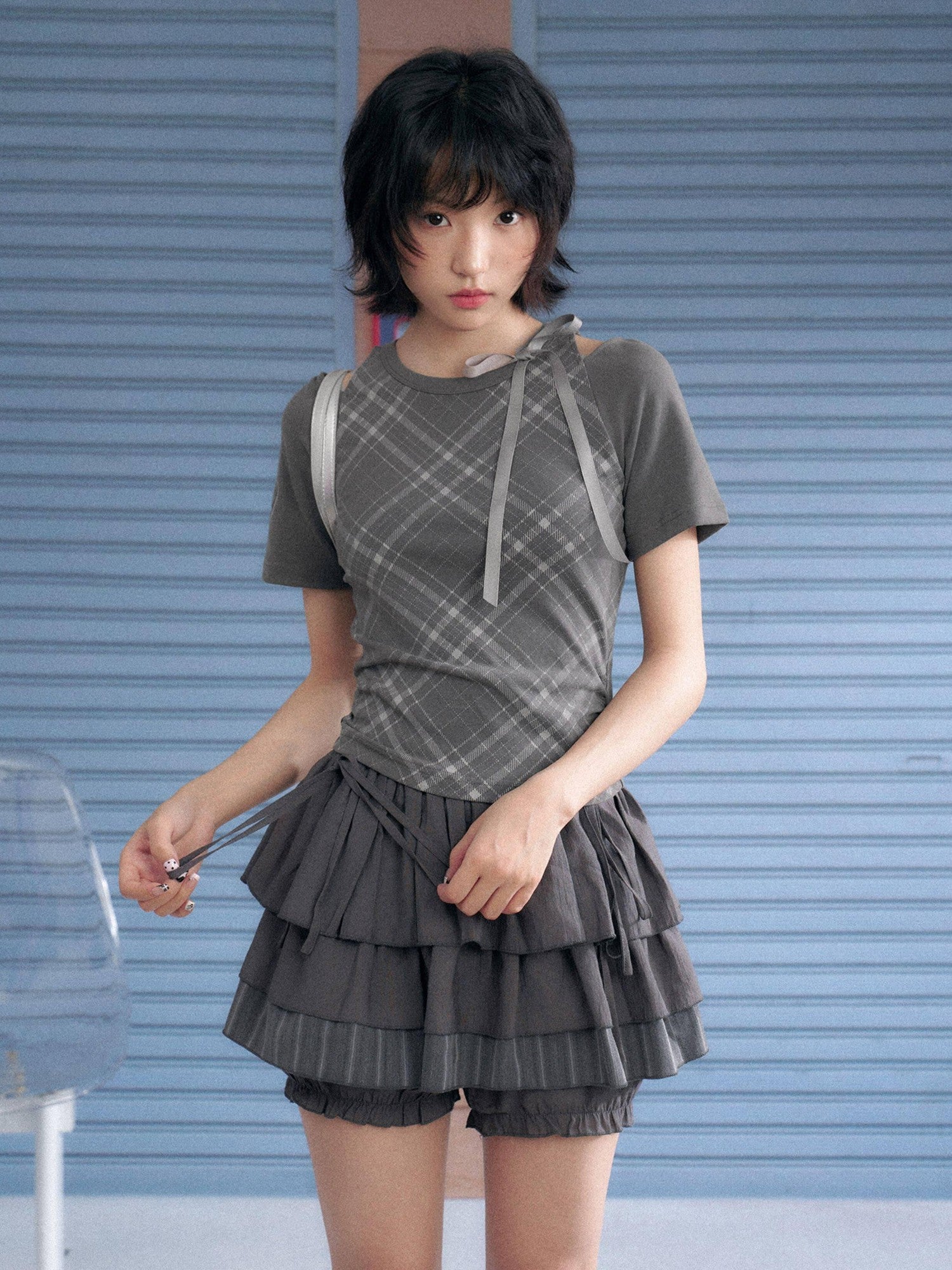 SagiDolls Gray Plaid Shoulder Cutout Embroidered Women's Cotton Short Sleeve T-shirts