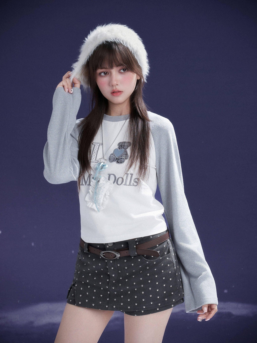 SagiDolls Gray Puppy Paw Print Double Corduroy Faux Two Piece Low Waist Women's Skorts