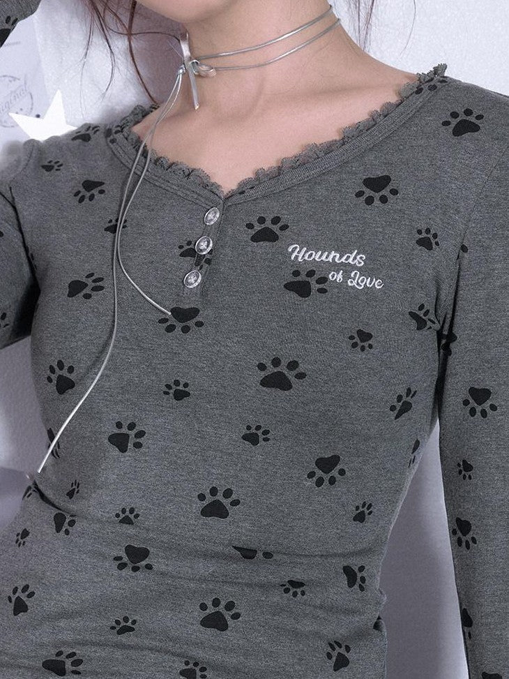 SagiDolls Gray Puppy Paw Print V-neck Slim Fit Women's Viscose Blend Long Sleeve T-shirts