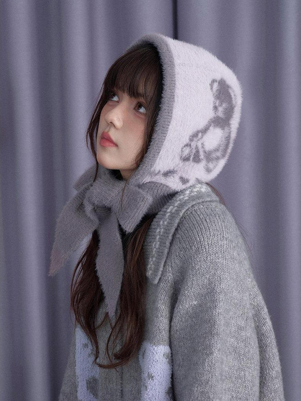 SagiDolls Gray Purple Bear Scarf Animal Knitted Warm Women's Nylon Beanies