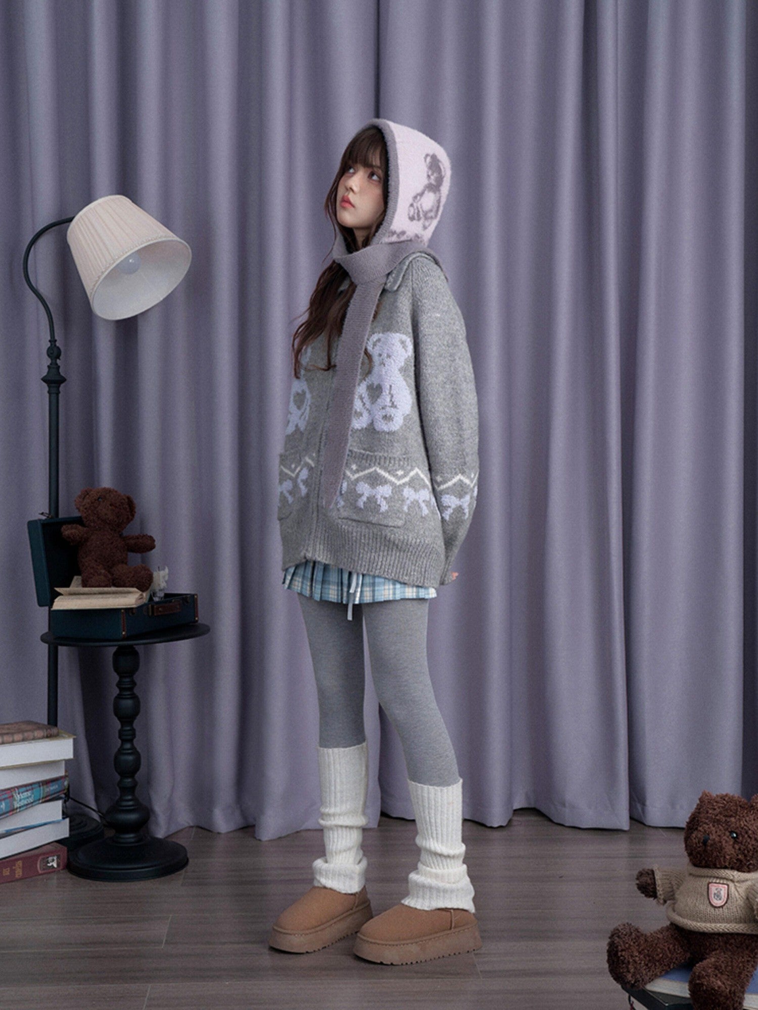 SagiDolls Gray Purple Bear Scarf Animal Knitted Warm Women's Nylon Beanies
