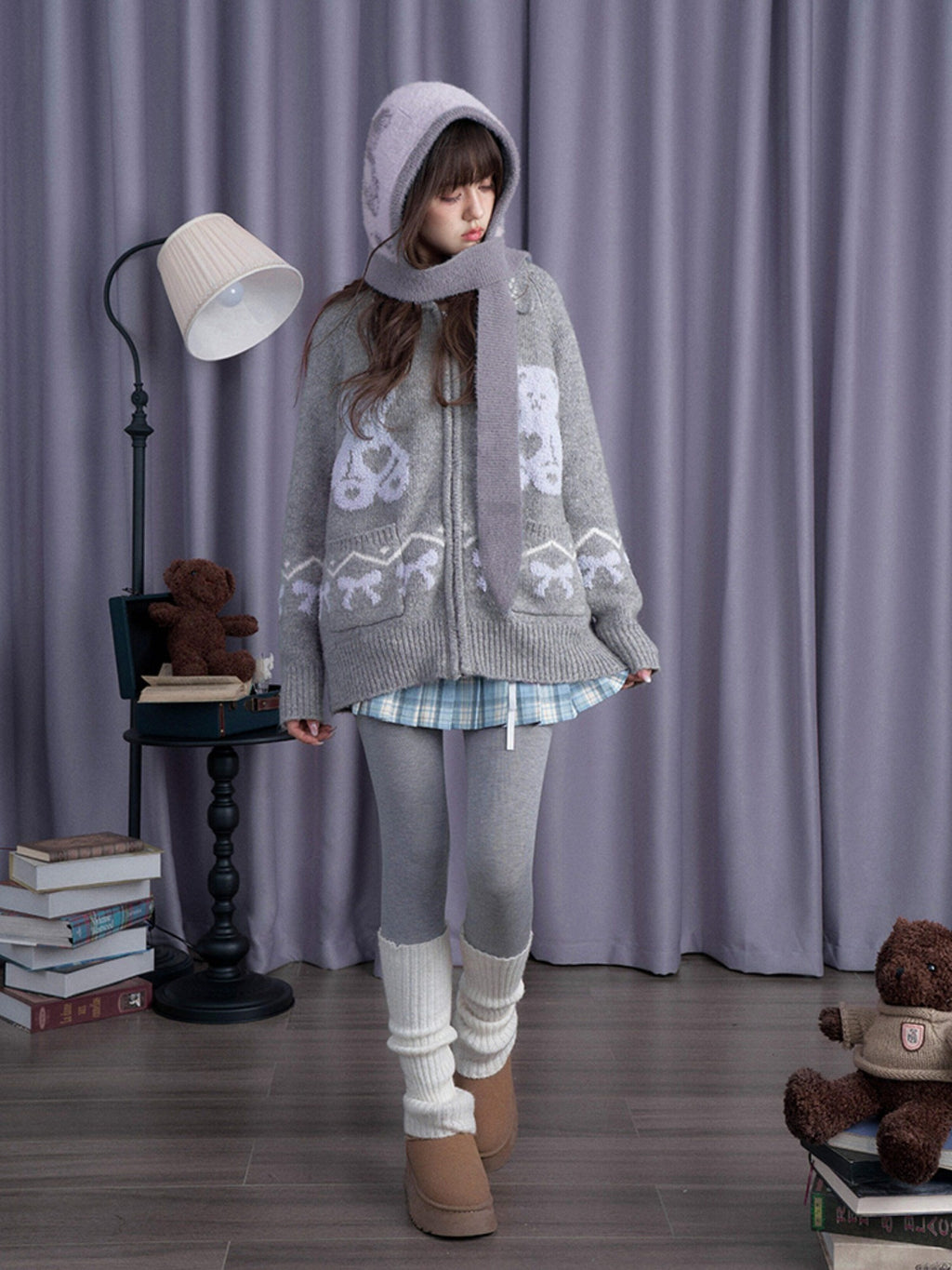 SagiDolls Gray Purple Bear Scarf Animal Knitted Warm Women's Nylon Beanies