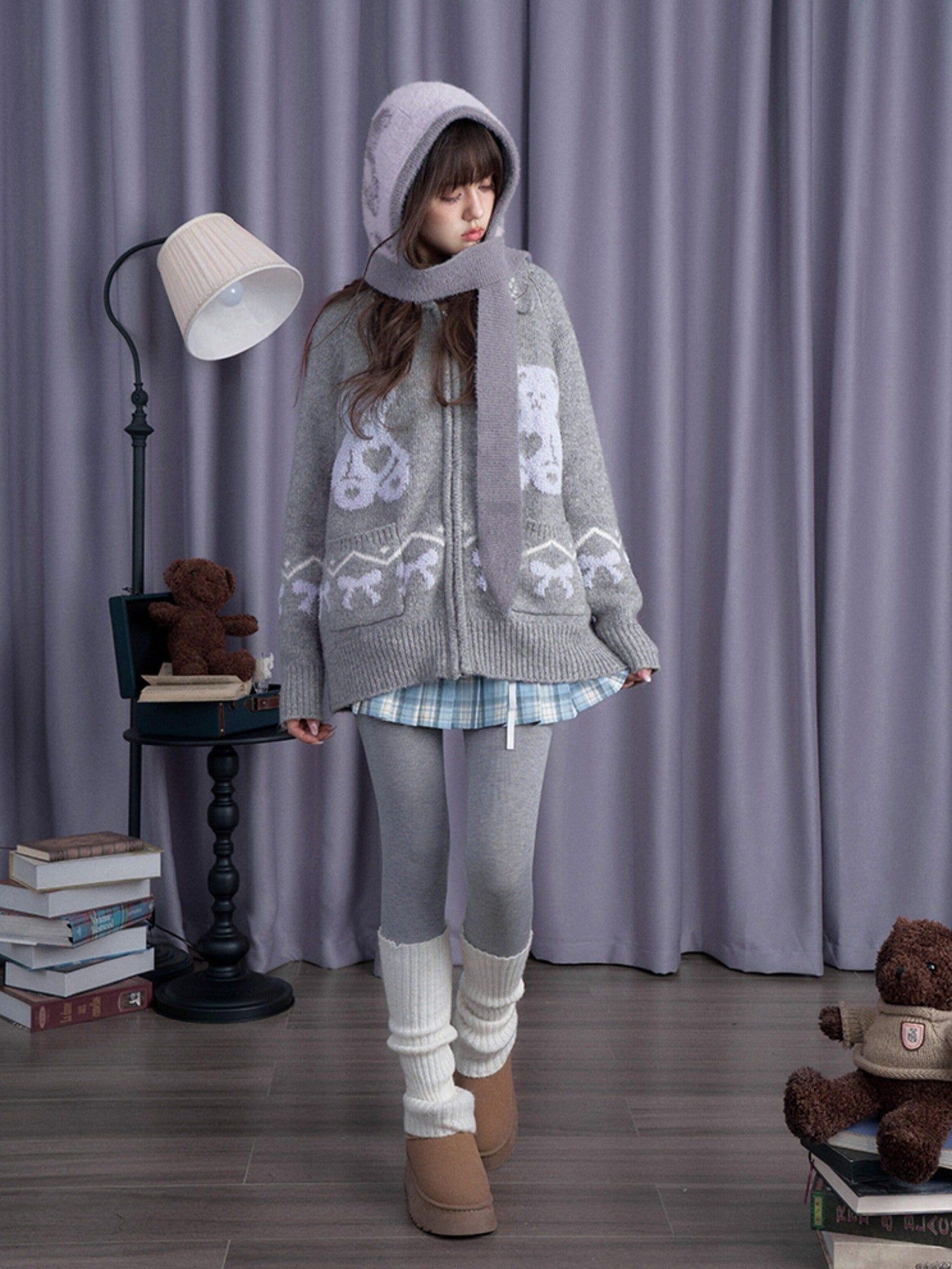 SagiDolls Gray Purple Bear Scarf Animal Knitted Warm Women's Nylon Beanies