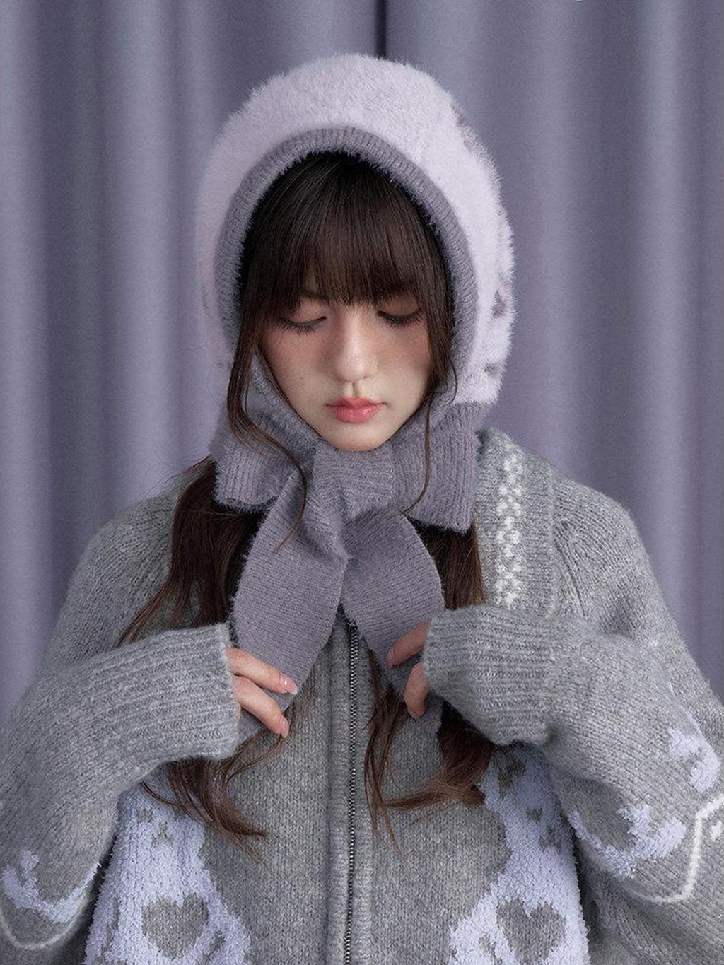 SagiDolls Gray Purple Bear Scarf Animal Knitted Warm Women's Nylon Beanies