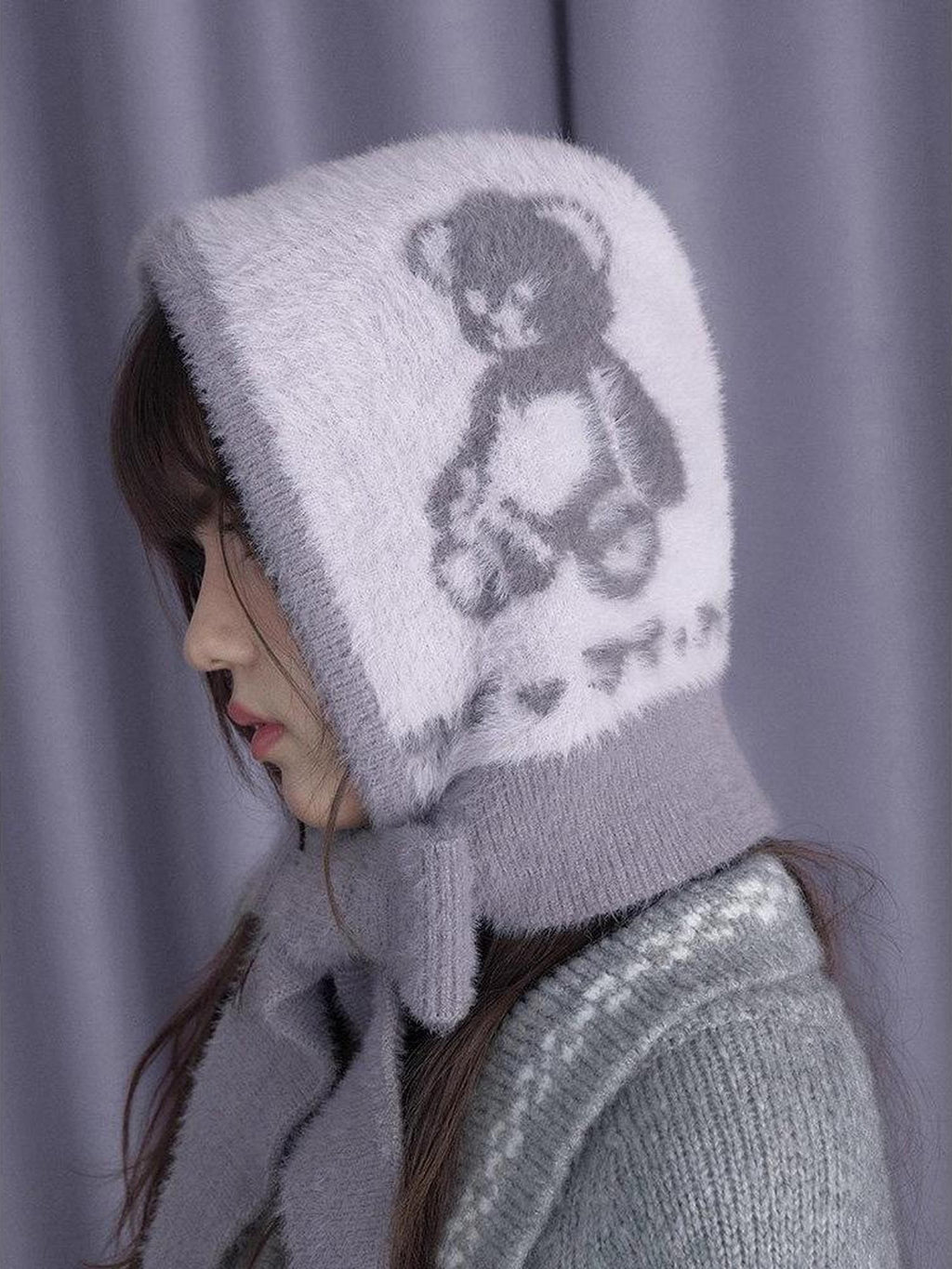SagiDolls Gray Purple Bear Scarf Animal Knitted Warm Women's Nylon Beanies