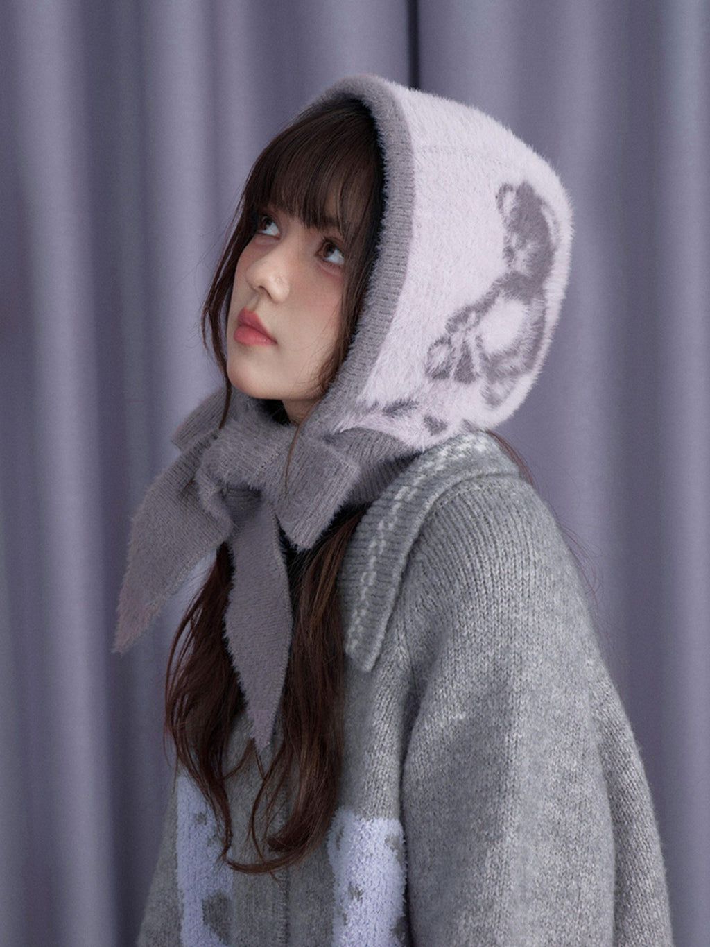SagiDolls Gray Purple Bear Scarf Animal Knitted Warm Women's Nylon Beanies