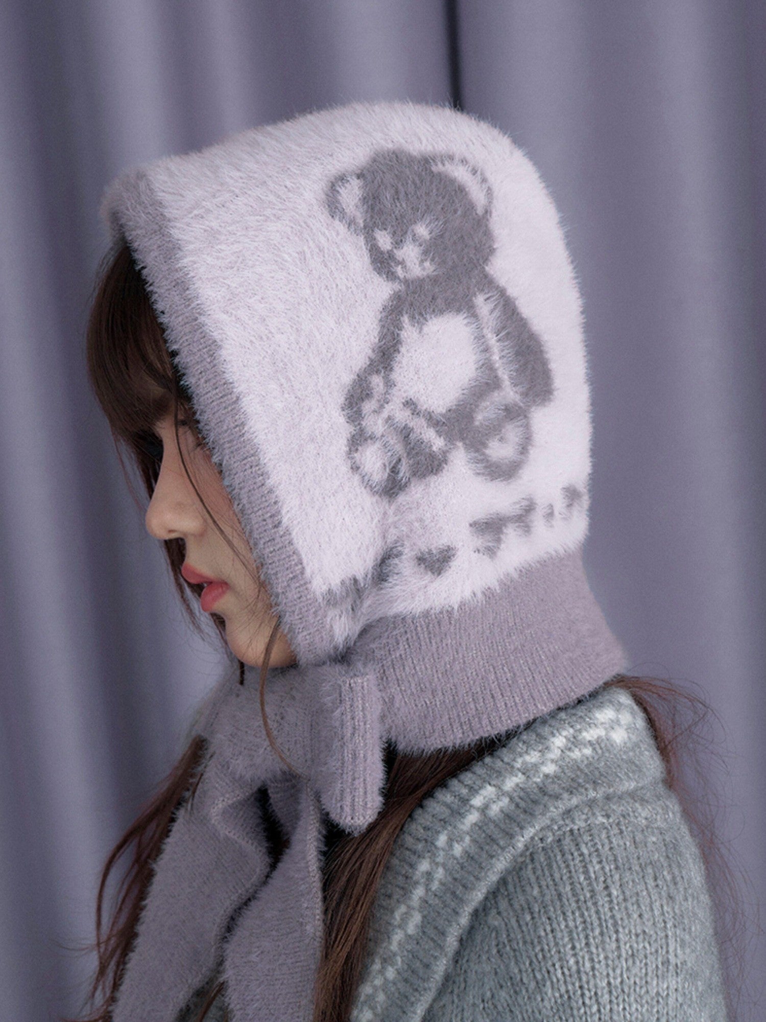 SagiDolls Gray Purple Bear Scarf Animal Knitted Warm Women's Nylon Beanies