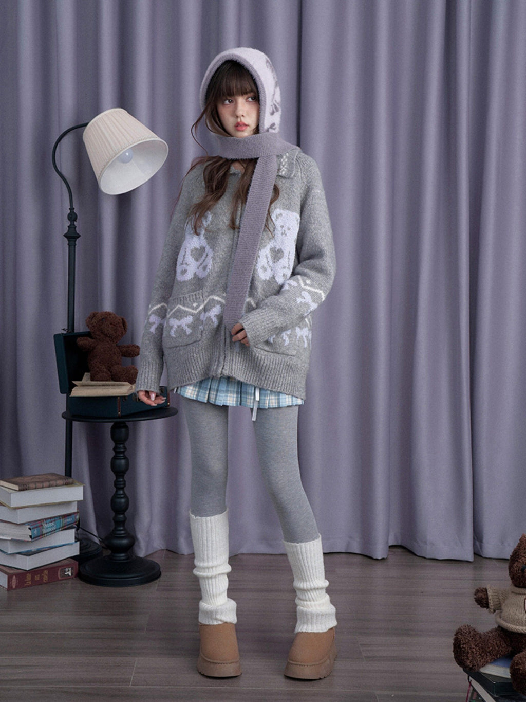 SagiDolls Gray Purple Bear Scarf Animal Knitted Warm Women's Nylon Beanies