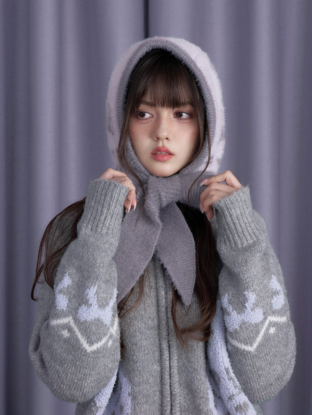 SagiDolls Gray Purple Bear Scarf Animal Knitted Warm Women's Nylon Beanies