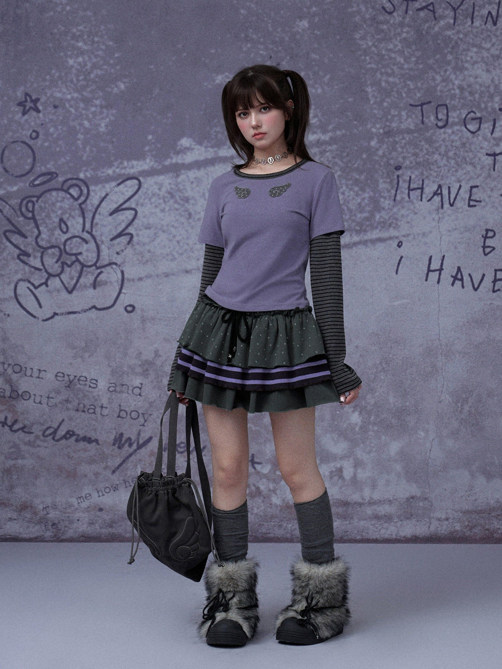 SagiDolls Gray Purple Cake Three Layer Ribbon Tie Women's Ribbed Cotton Tiered Skirts
