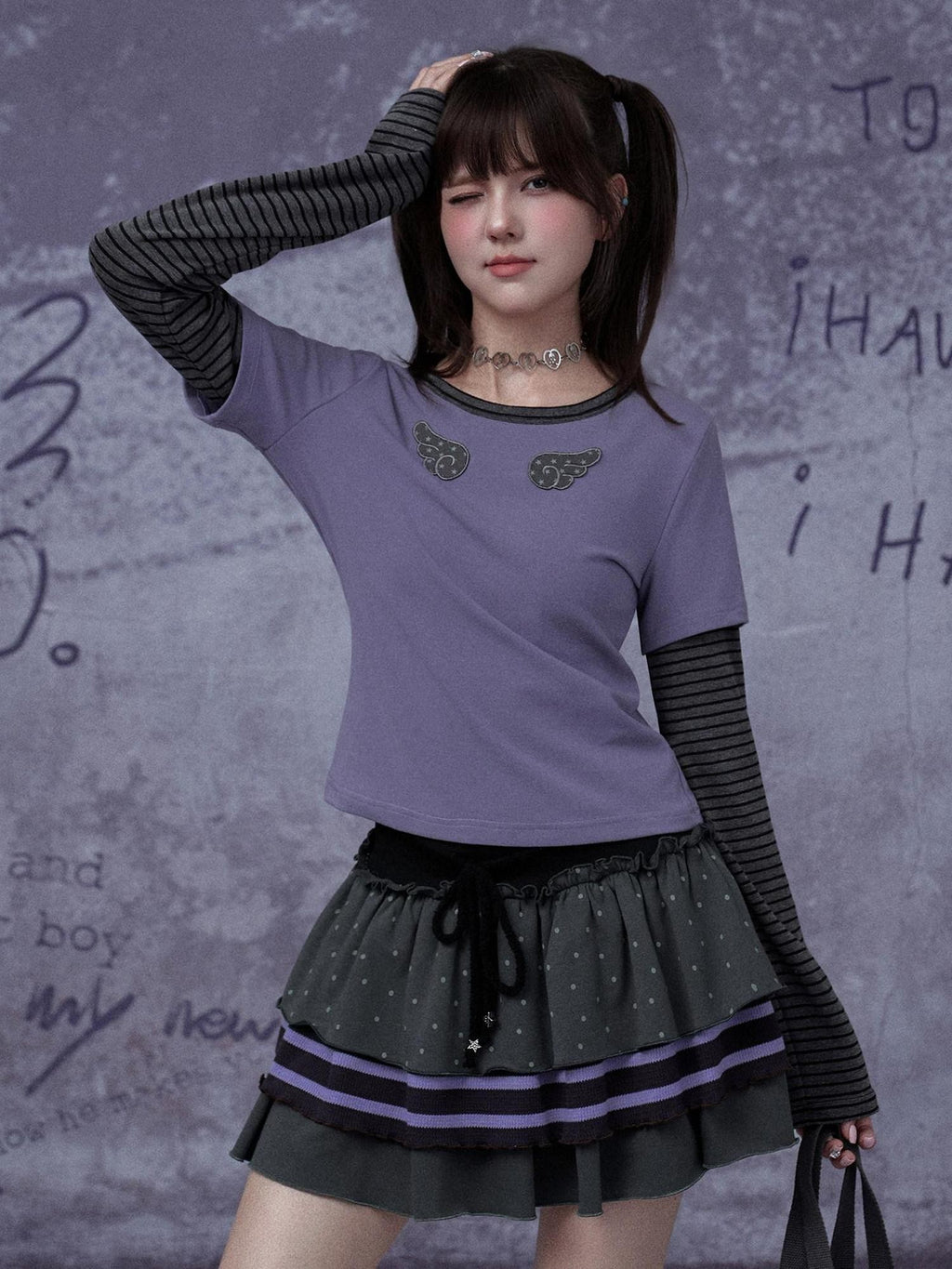 SagiDolls Gray Purple Cake Three Layer Ribbon Tie Women's Ribbed Cotton Tiered Skirts